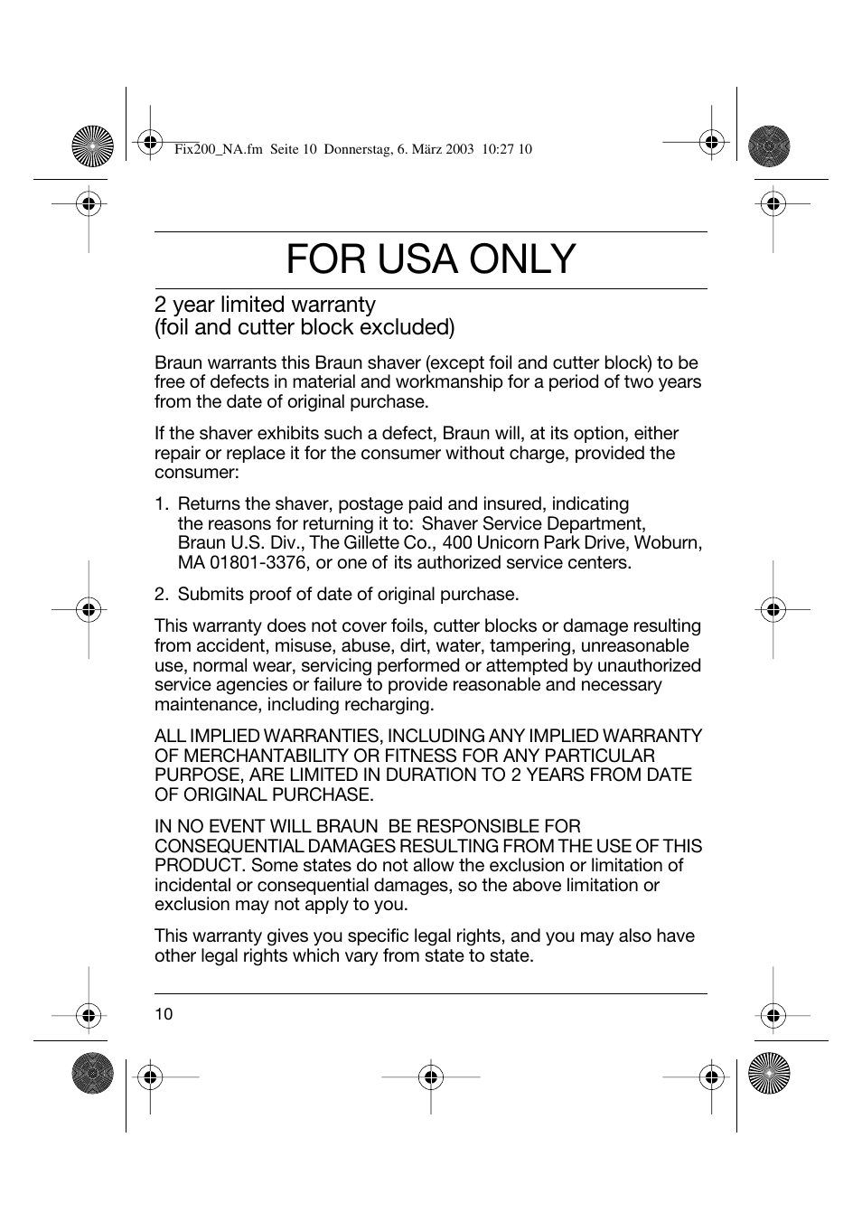 For usa only | Braun 4615 TwinControl User Manual | Page 9 / 27