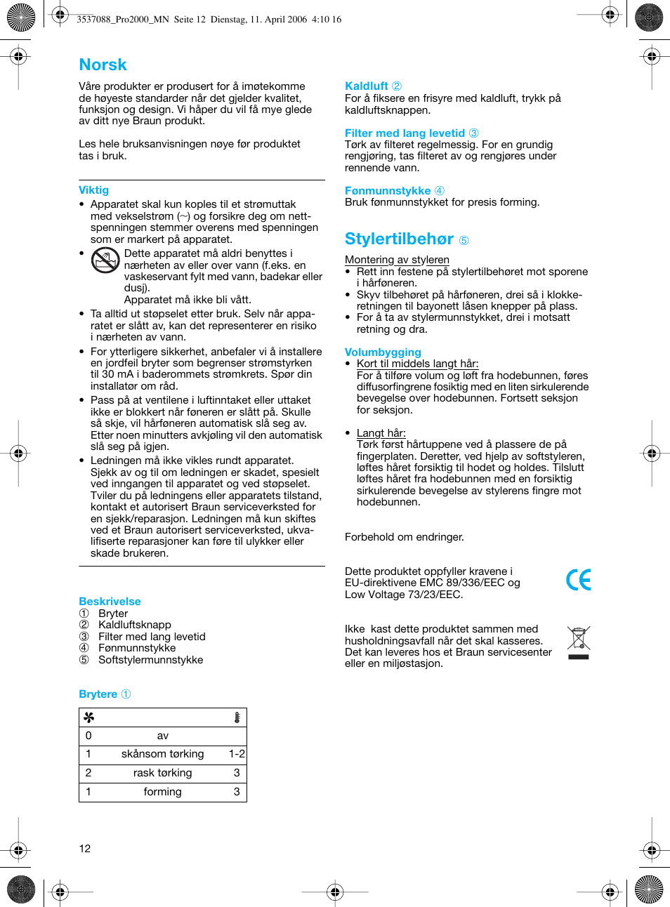 Norsk, Stylertilbehør | Braun FuturPro 2000 User Manual | Page 12 / 26