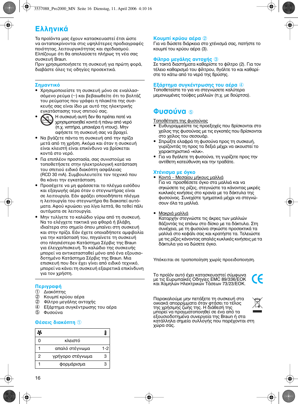 º˘ыф‡у, Eλληνικ | Braun FuturPro 2000 User Manual | Page 16 / 26