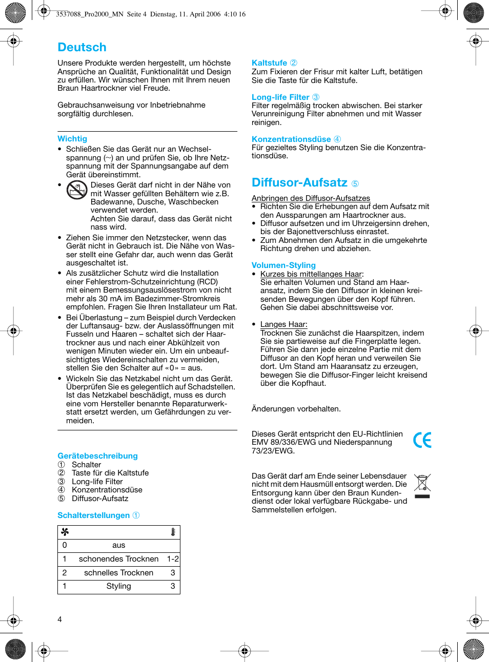 Deutsch, Diffusor-aufsatz | Braun FuturPro 2000 User Manual | Page 4 / 26