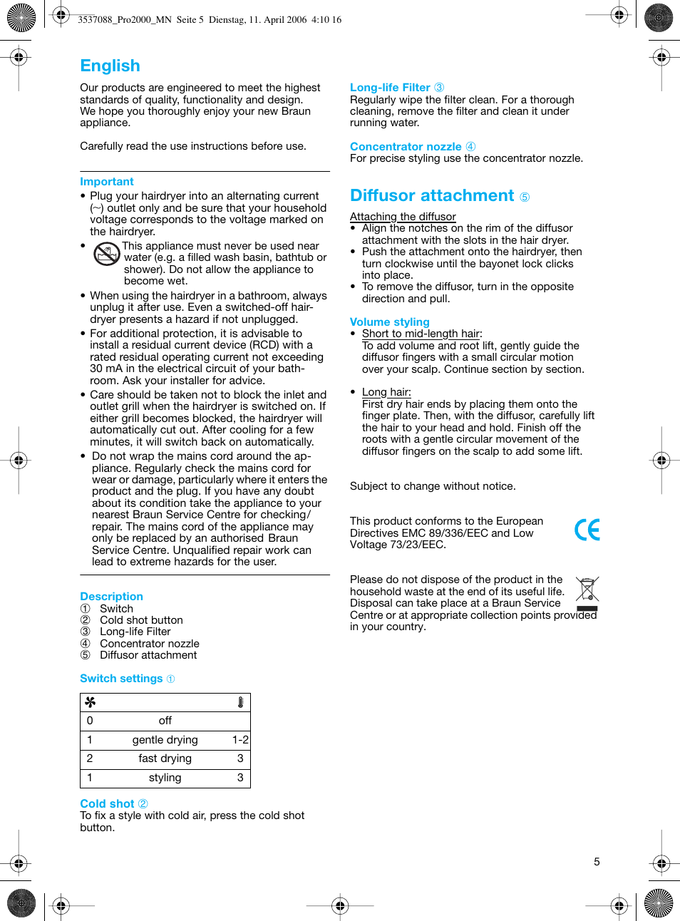 Diffusor attachment, English | Braun FuturPro 2000 User Manual | Page 5 / 26