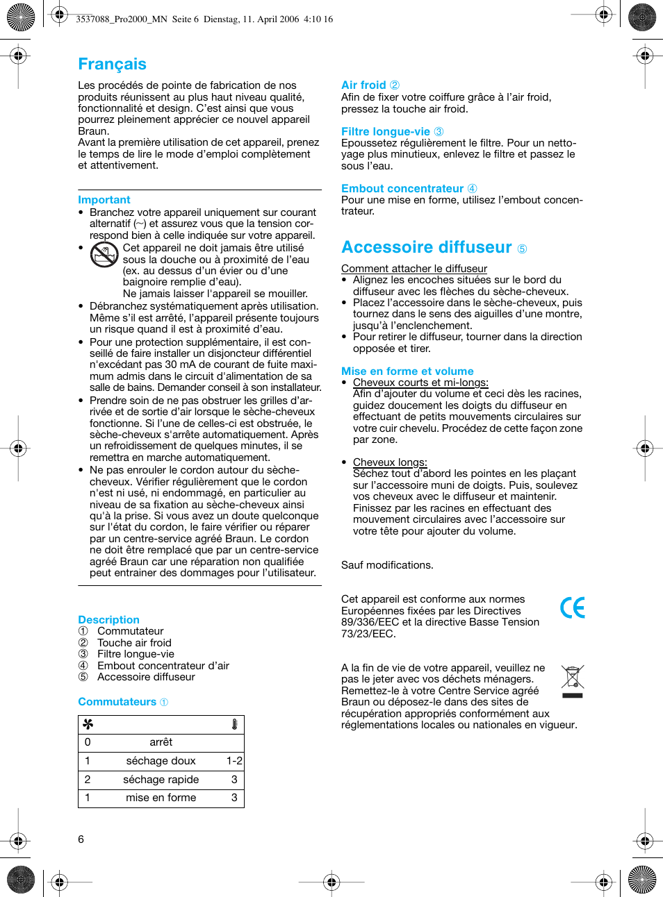 Français, Accessoire diffuseur | Braun FuturPro 2000 User Manual | Page 6 / 26