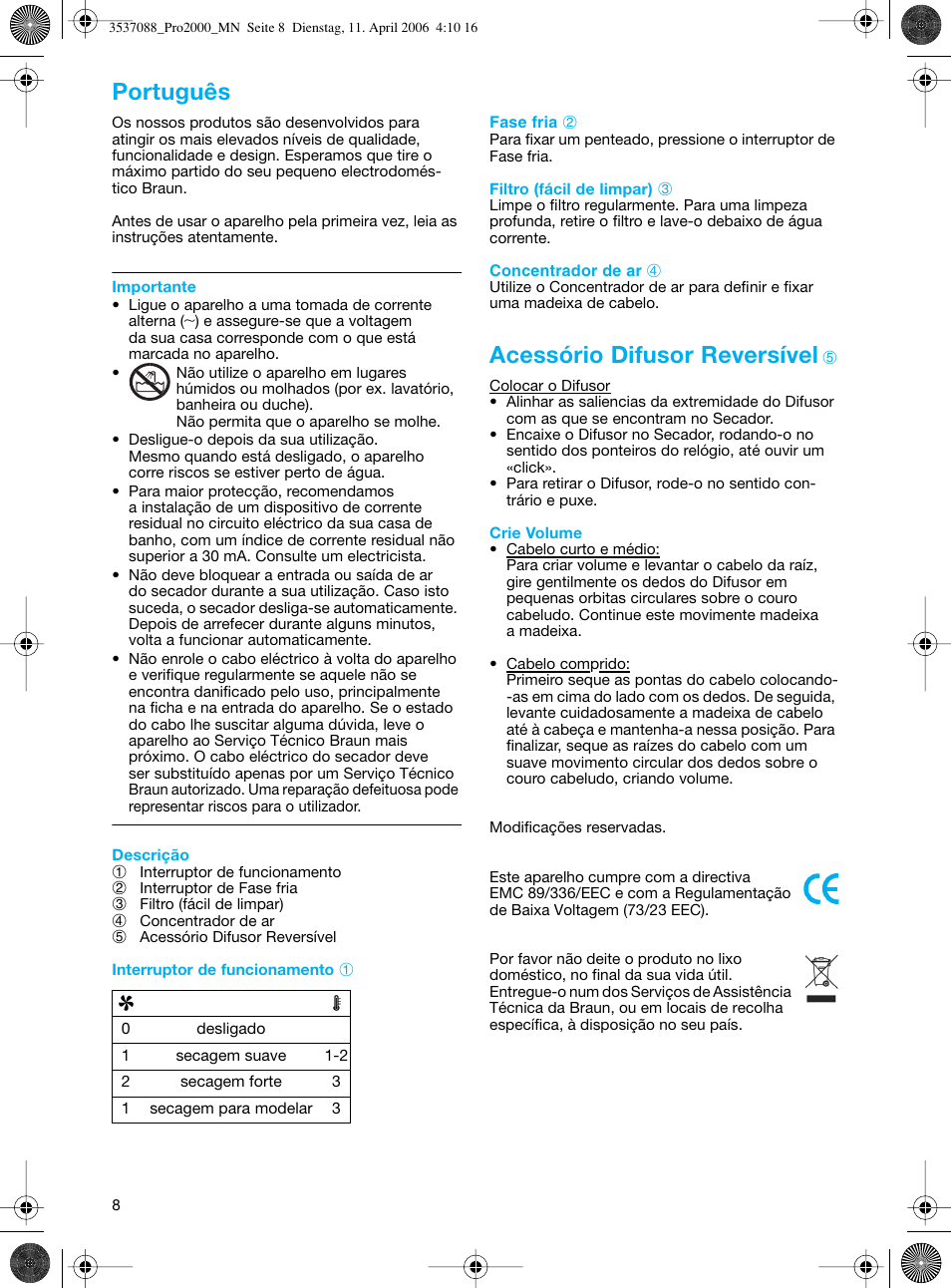 Português, Acessório difusor reversível | Braun FuturPro 2000 User Manual | Page 8 / 26