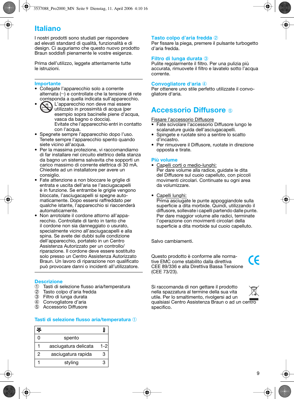 Accessorio diffusore, Italiano | Braun FuturPro 2000 User Manual | Page 9 / 26