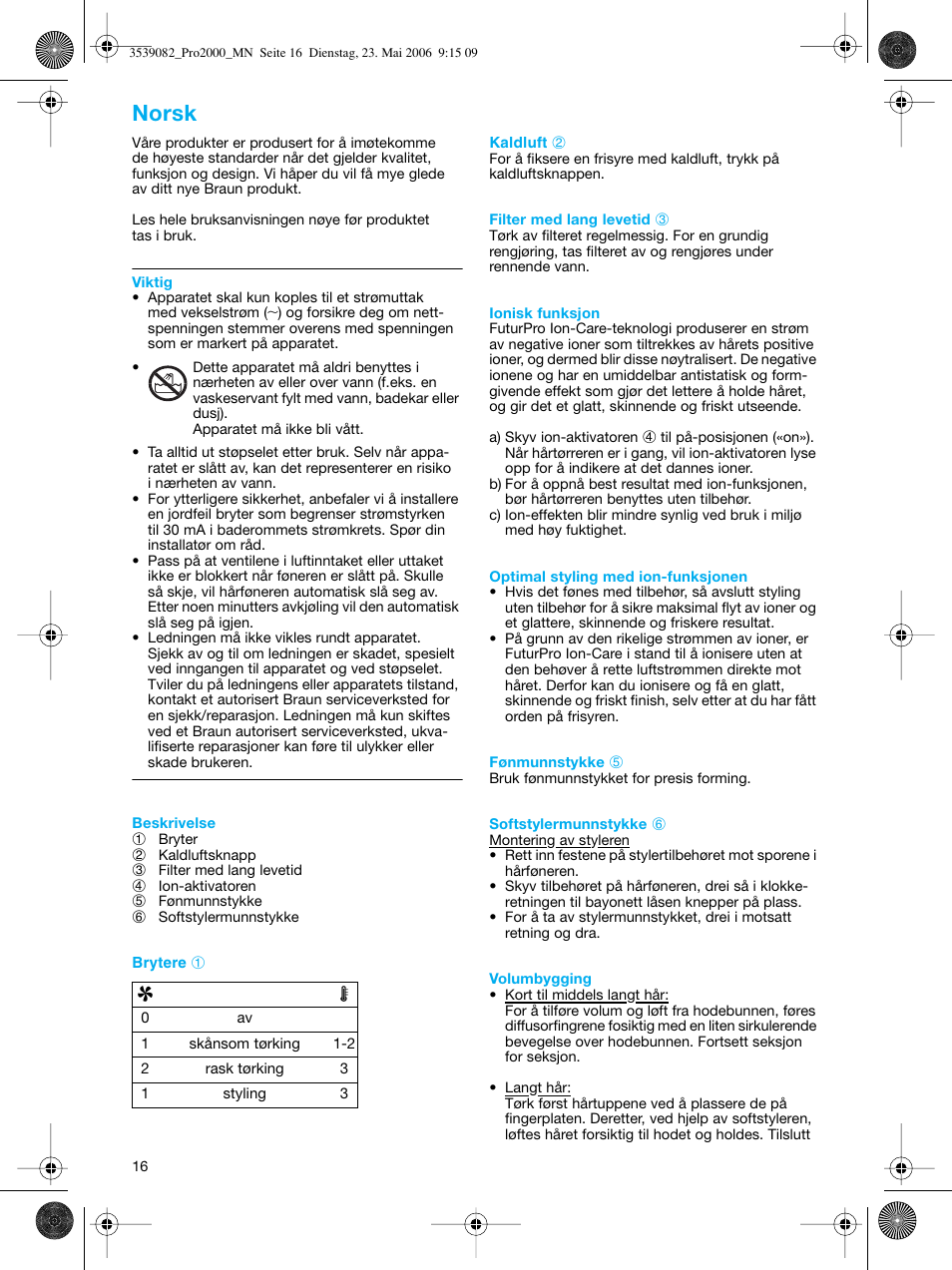 Norsk | Braun FuturPro Ion-Care 2000 User Manual | Page 16 / 41