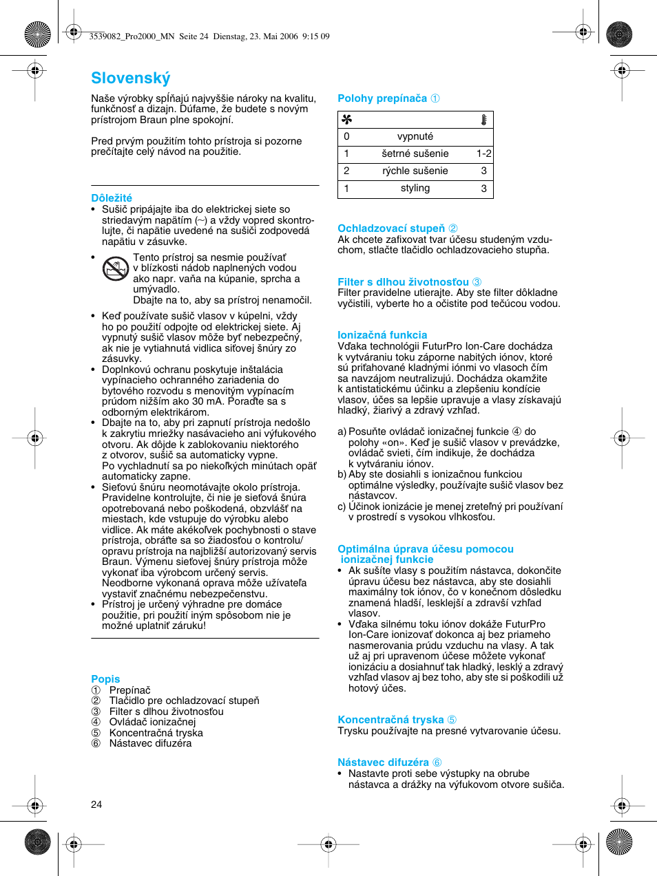 Slovensk | Braun FuturPro Ion-Care 2000 User Manual | Page 24 / 41