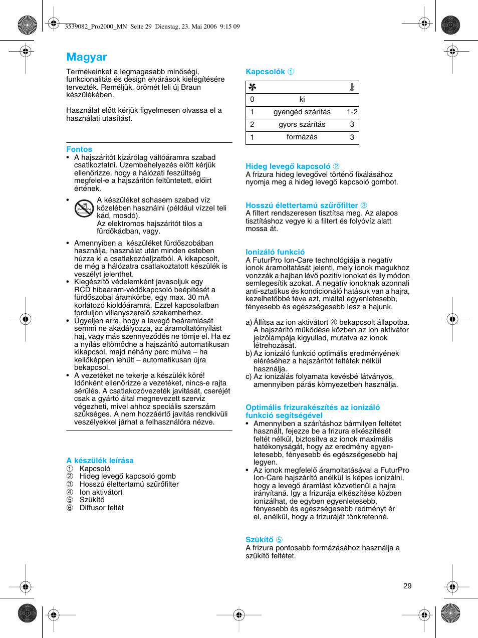 Magyar | Braun FuturPro Ion-Care 2000 User Manual | Page 29 / 41