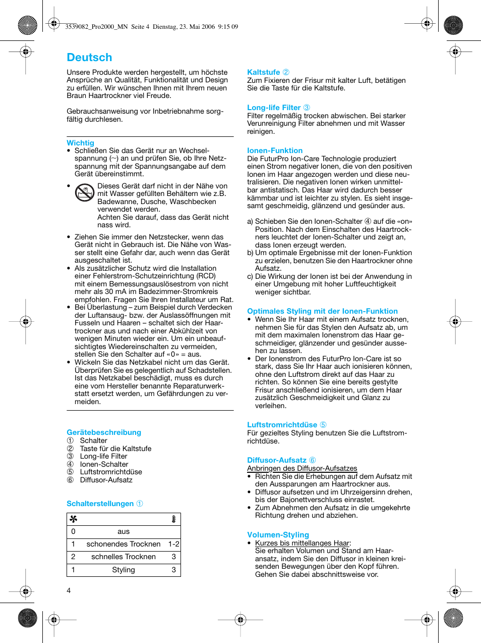 Deutsch | Braun FuturPro Ion-Care 2000 User Manual | Page 4 / 41