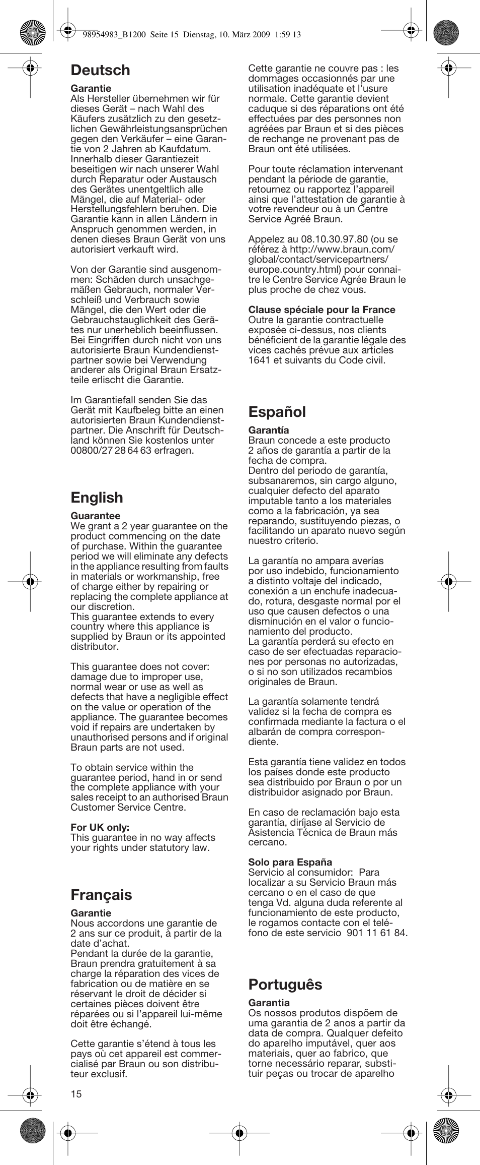 Deutsch, English, Français | Español, Português | Braun BC1400  EU User Manual | Page 15 / 19