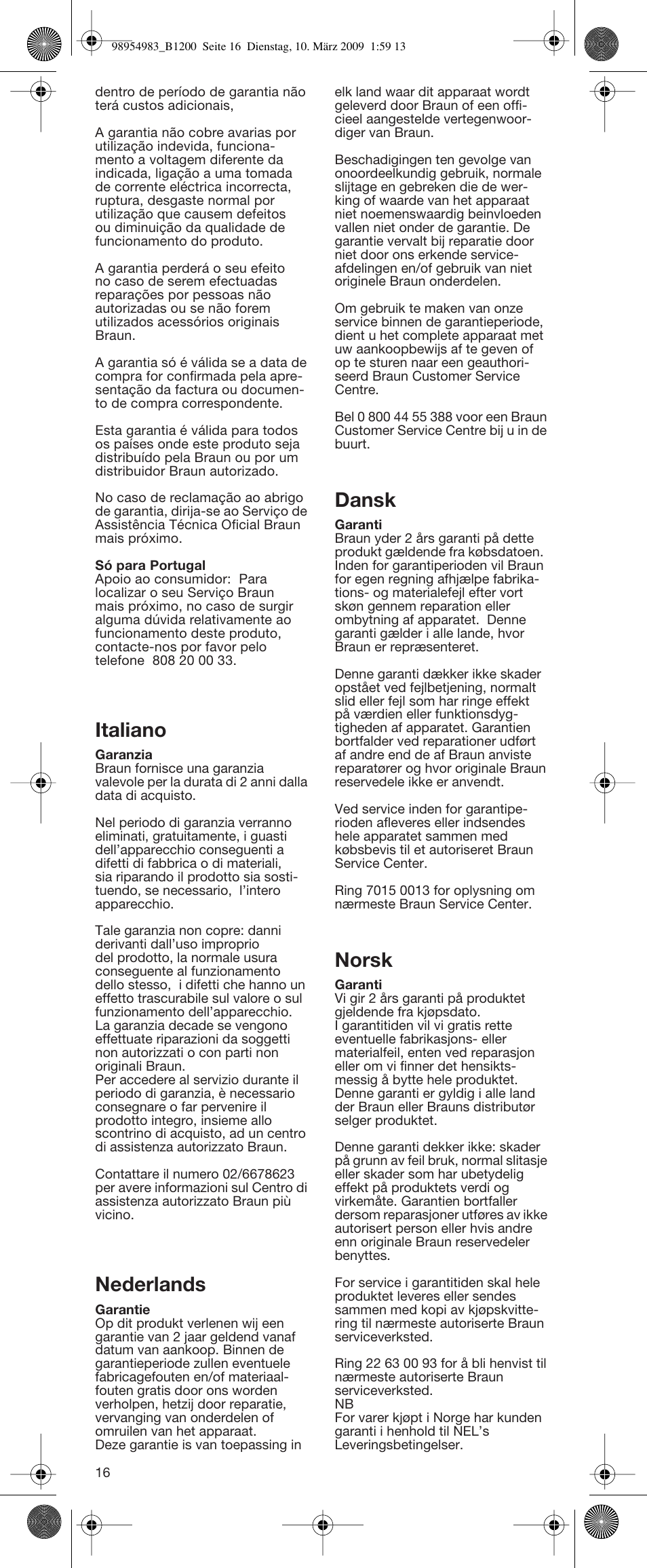 Italiano, Nederlands, Dansk | Norsk | Braun BC1400  EU User Manual | Page 16 / 19