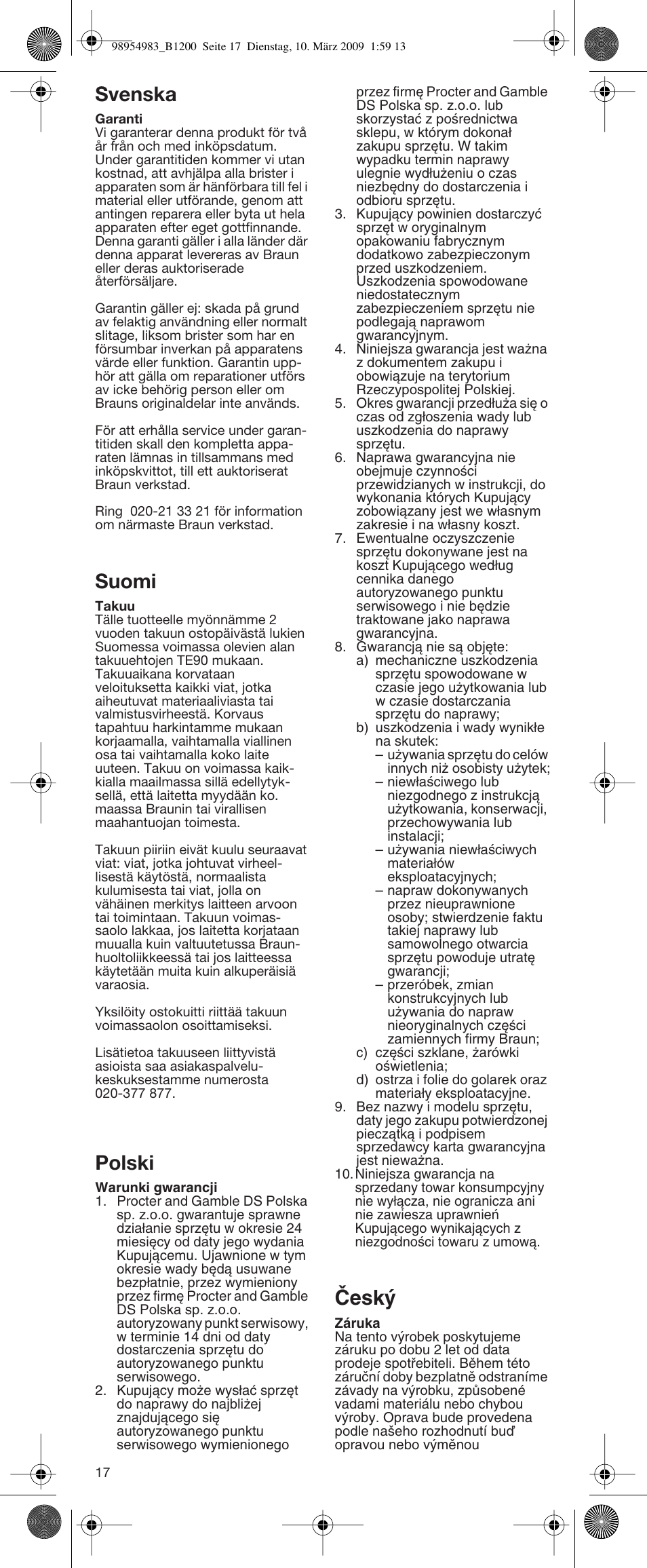 Svenska, Suomi, Polski | Âesk | Braun BC1400  EU User Manual | Page 17 / 19