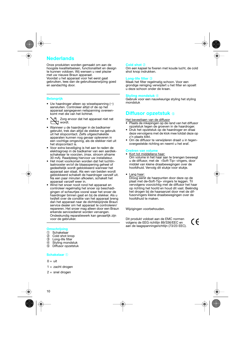 Nederlands, Diffusor opzetstuk | Braun CP1600 création diffusor User Manual | Page 10 / 23