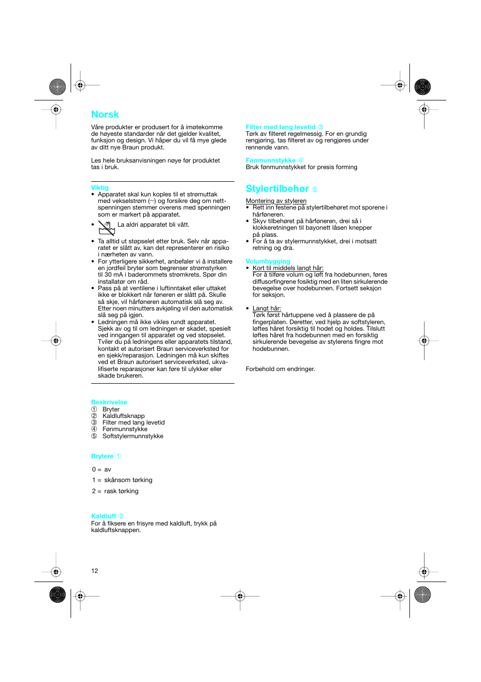 Norsk, Stylertilbehør | Braun CP1600 création diffusor User Manual | Page 12 / 23