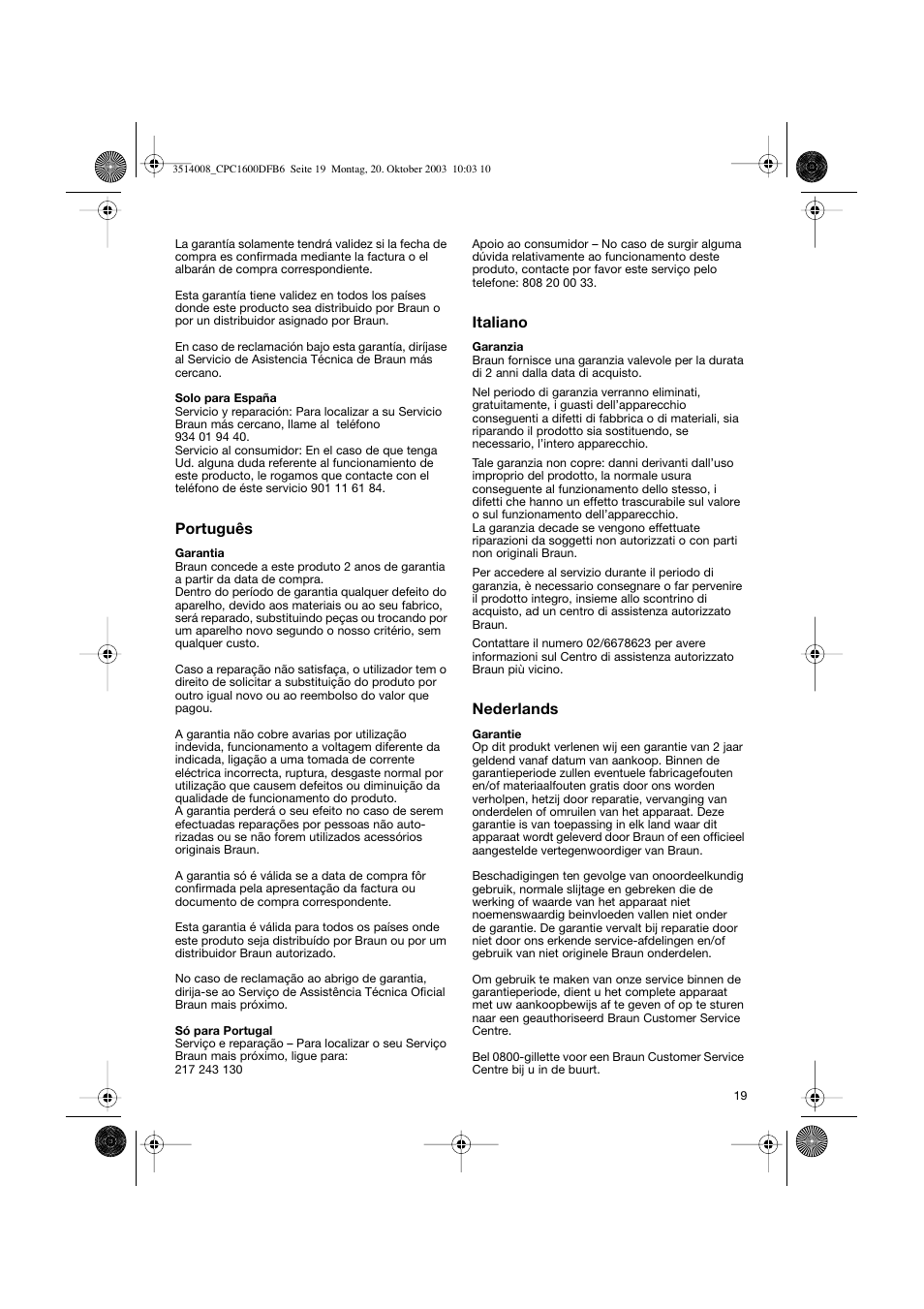 Português, Italiano, Nederlands | Braun CP1600 création diffusor User Manual | Page 19 / 23