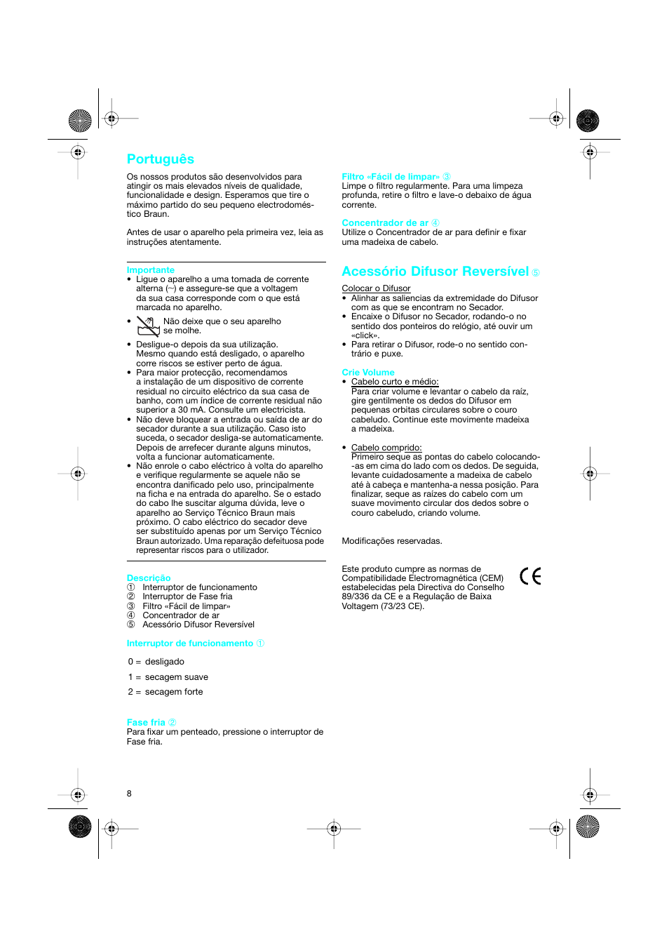 Português, Acessório difusor reversível | Braun CP1600 création diffusor User Manual | Page 8 / 23