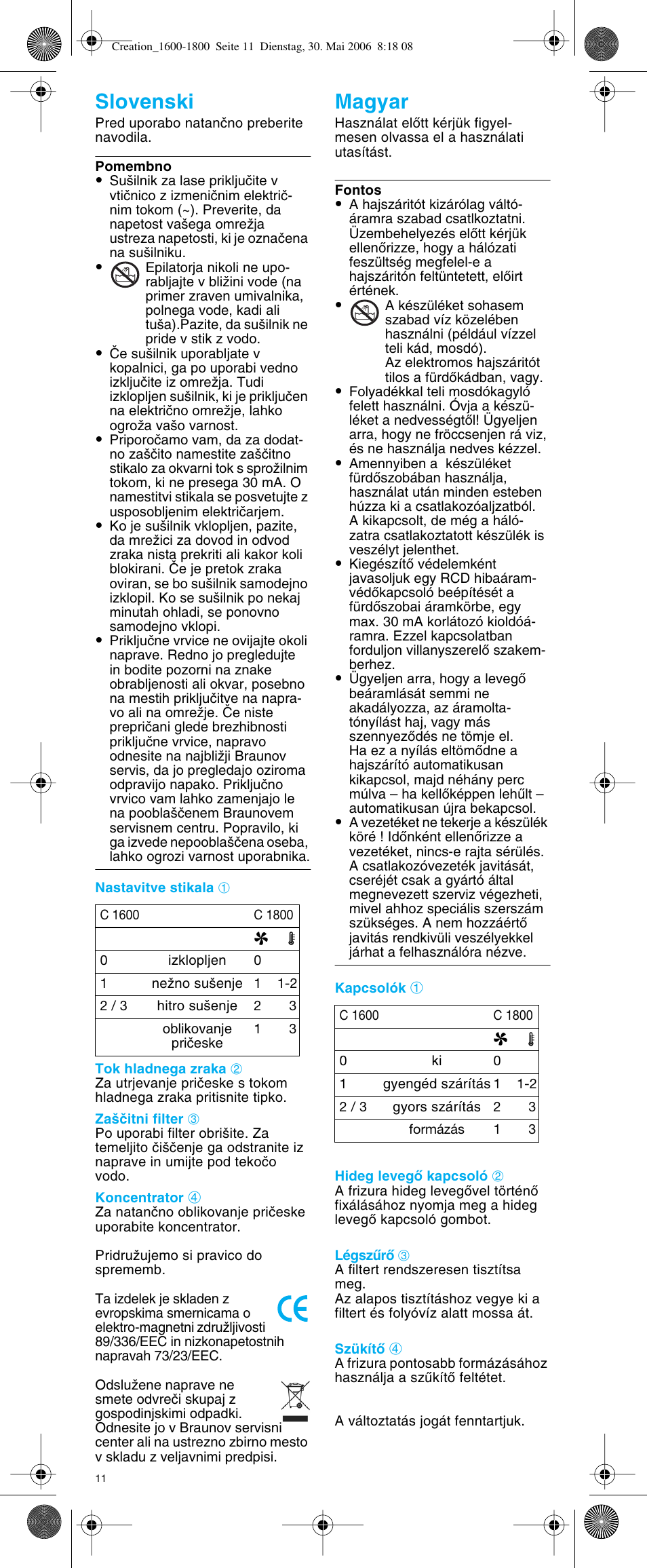 Slovenski magyar | Braun C1600 Creation 2 User Manual | Page 11 / 20