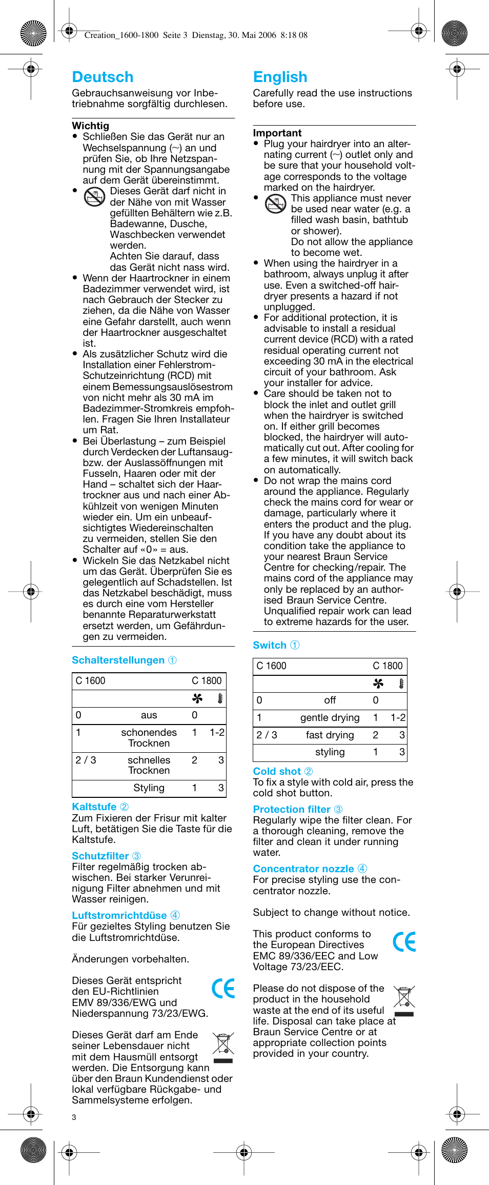 Deutsch english | Braun C1600 Creation 2 User Manual | Page 3 / 20