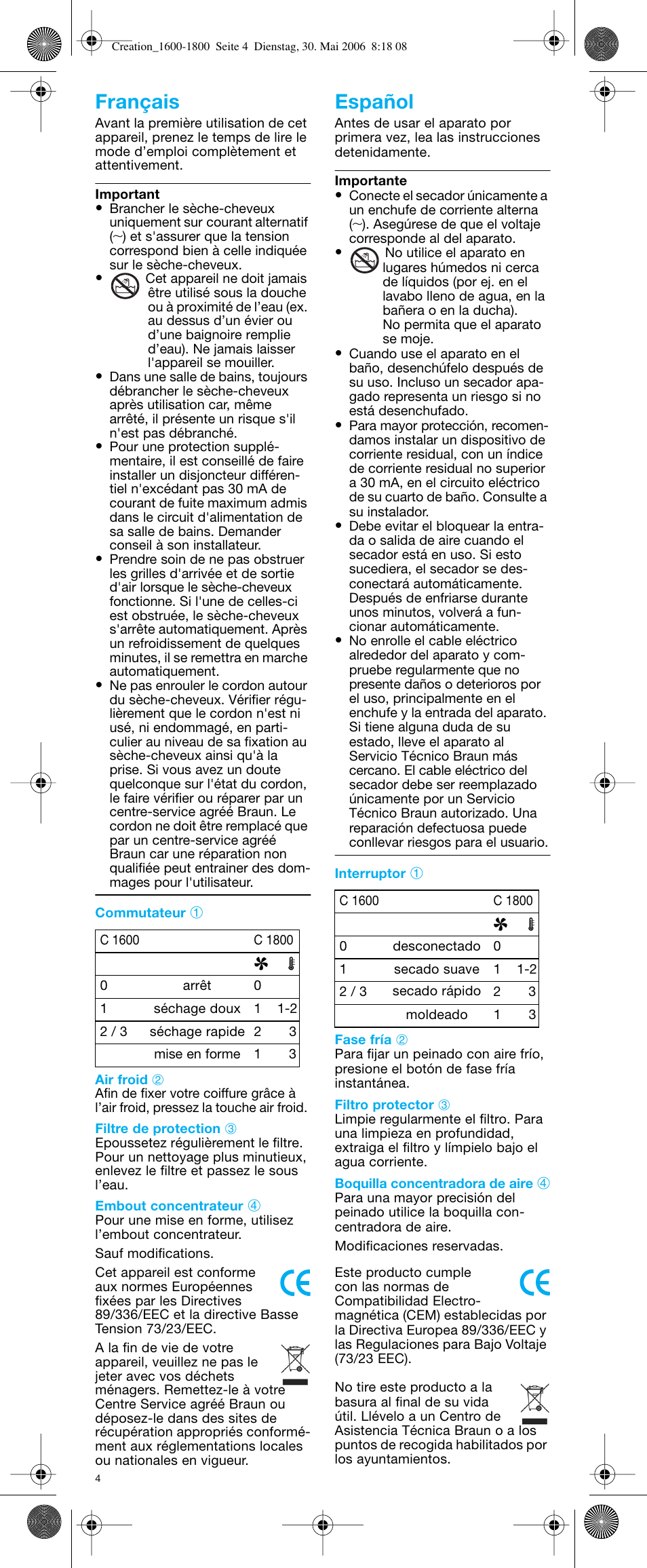 Français español | Braun C1600 Creation 2 User Manual | Page 4 / 20