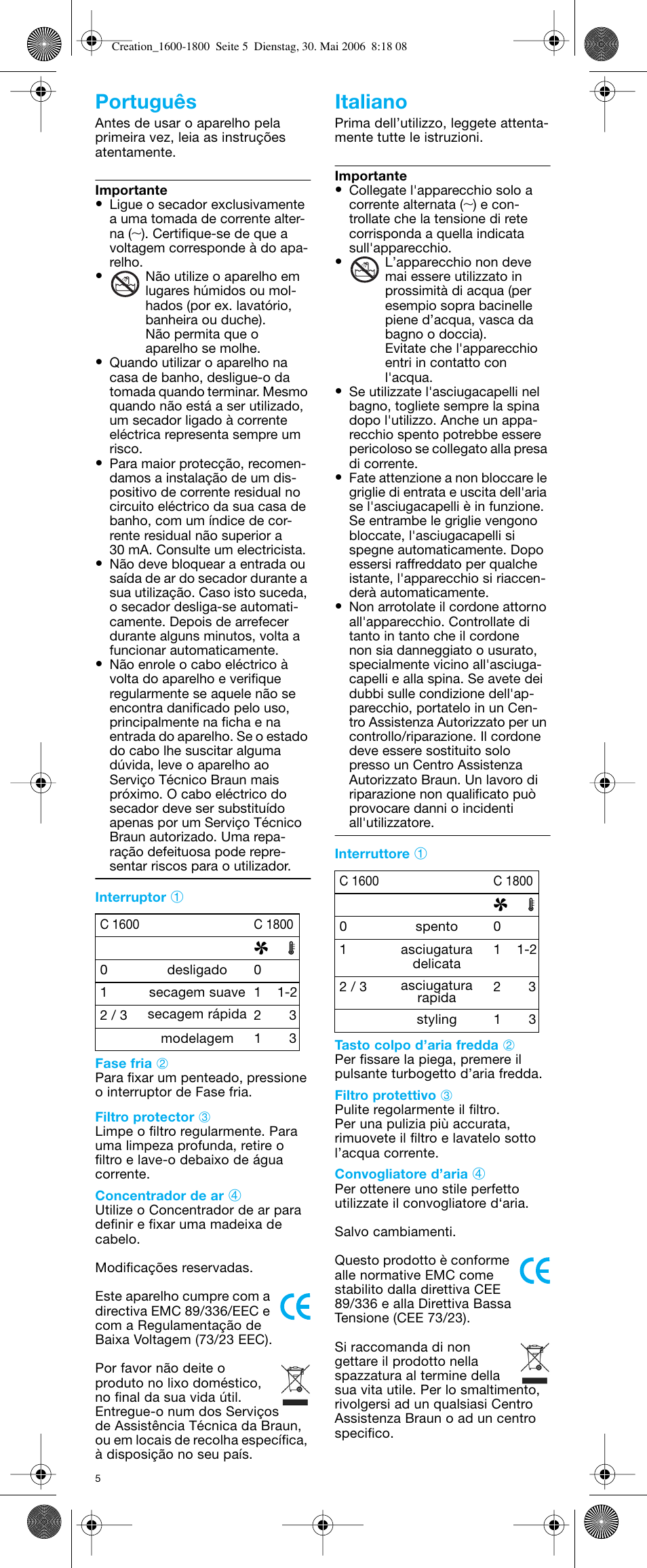 Português italiano | Braun C1600 Creation 2 User Manual | Page 5 / 20