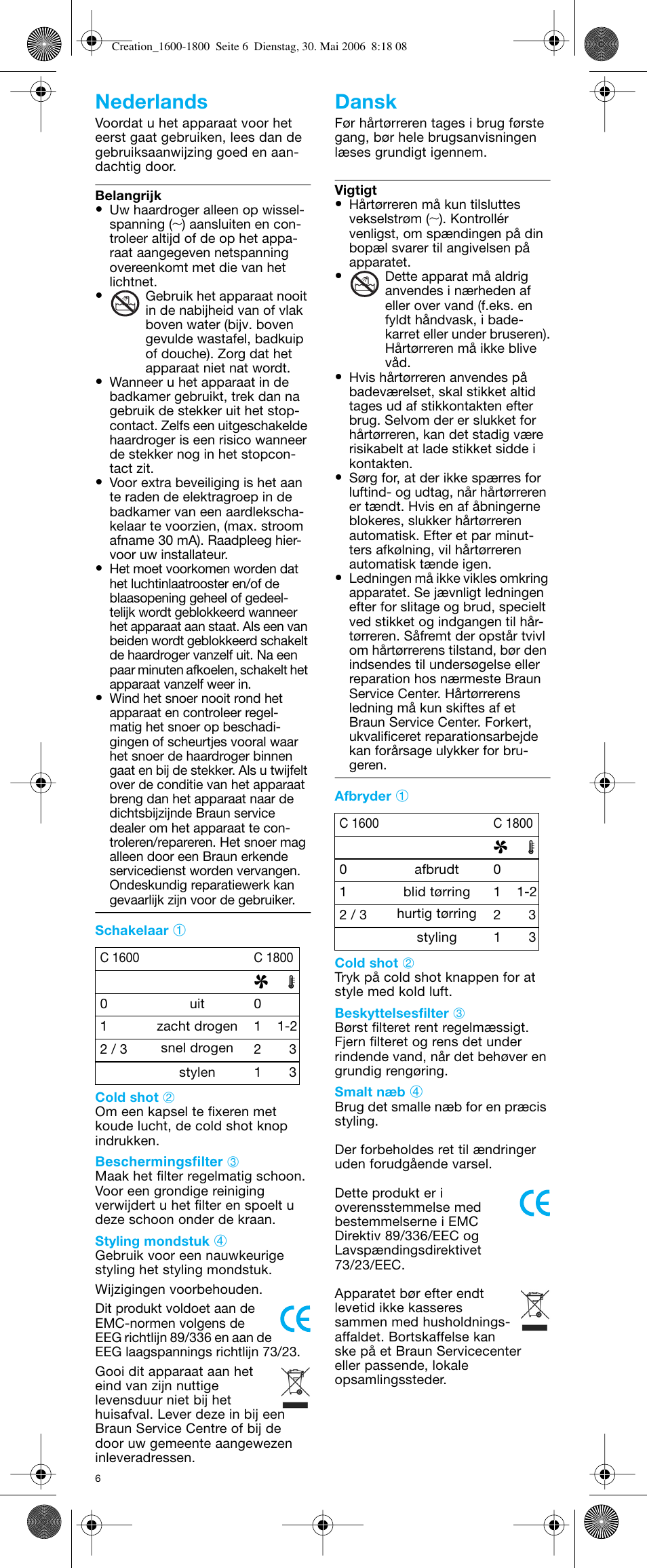 Nederlands dansk | Braun C1600 Creation 2 User Manual | Page 6 / 20