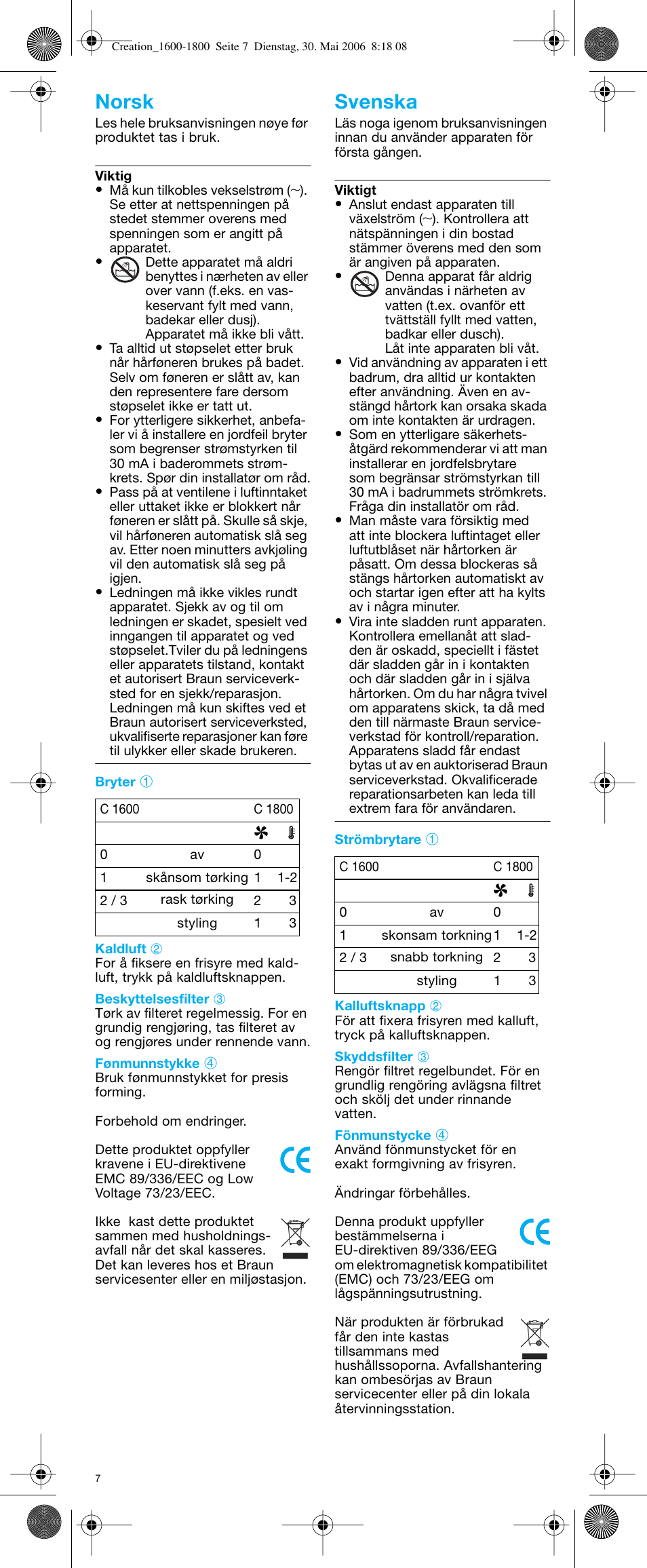 Norsk svenska | Braun C1600 Creation 2 User Manual | Page 7 / 20