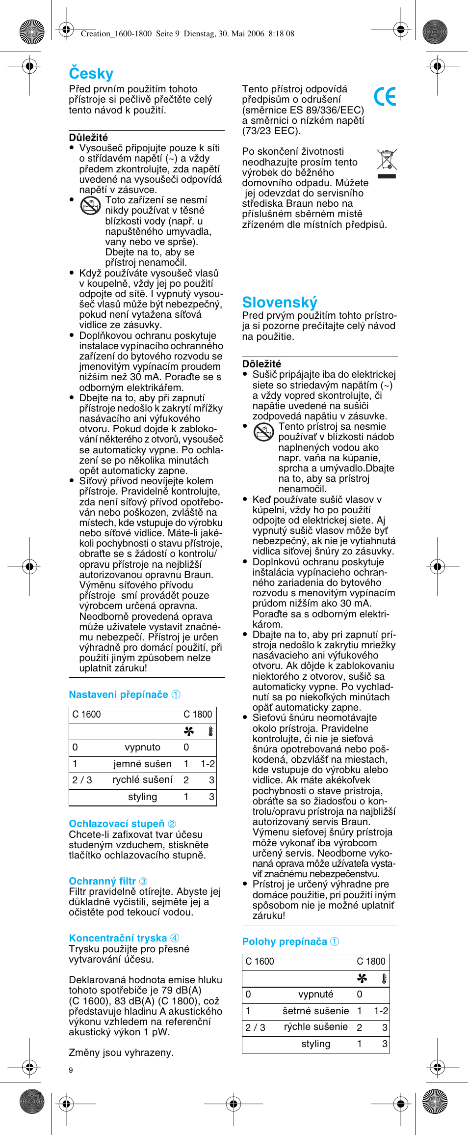 Âesky, Slovensk | Braun C1600 Creation 2 User Manual | Page 9 / 20