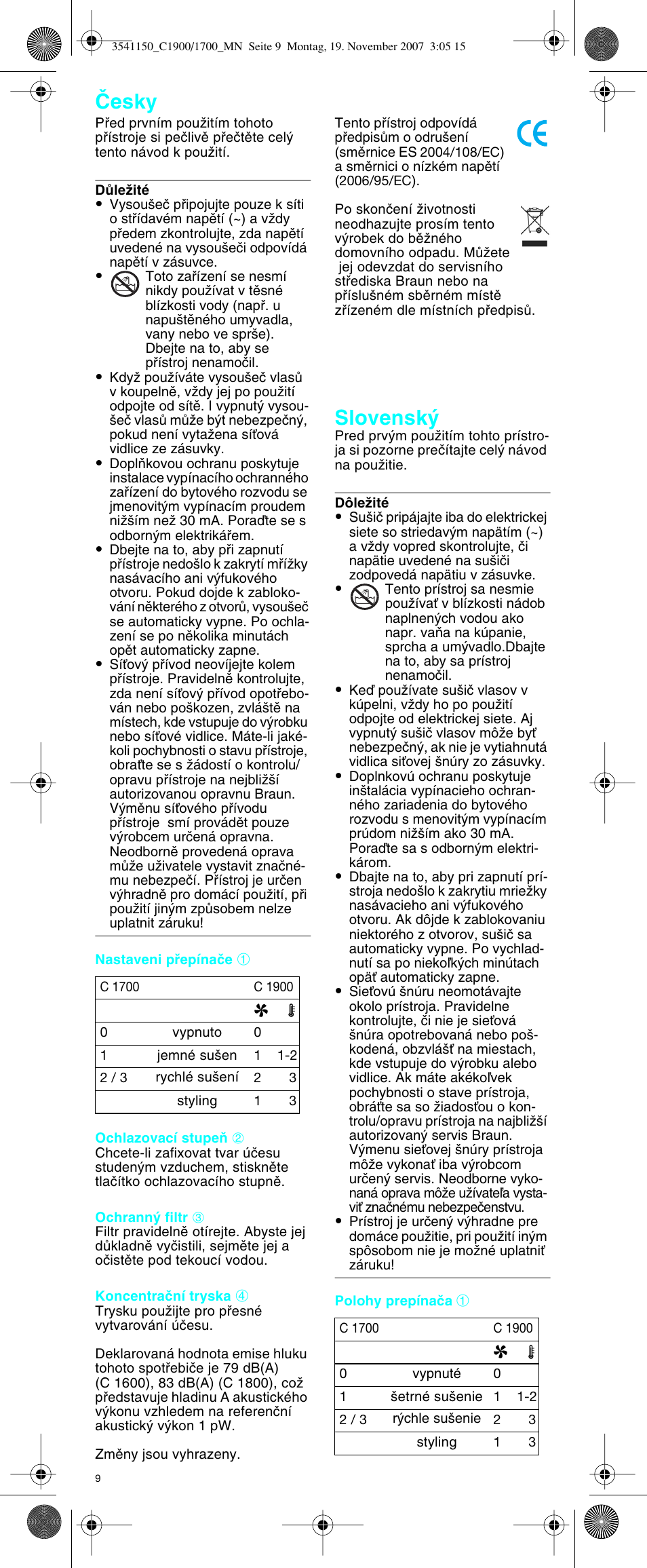 Âesky, Slovensk | Braun C1700 creation  EU User Manual | Page 9 / 20