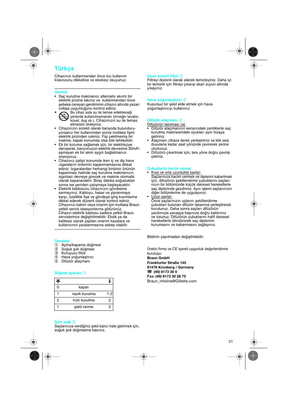 Türkçe | Braun DF creation2 User Manual | Page 21 / 35
