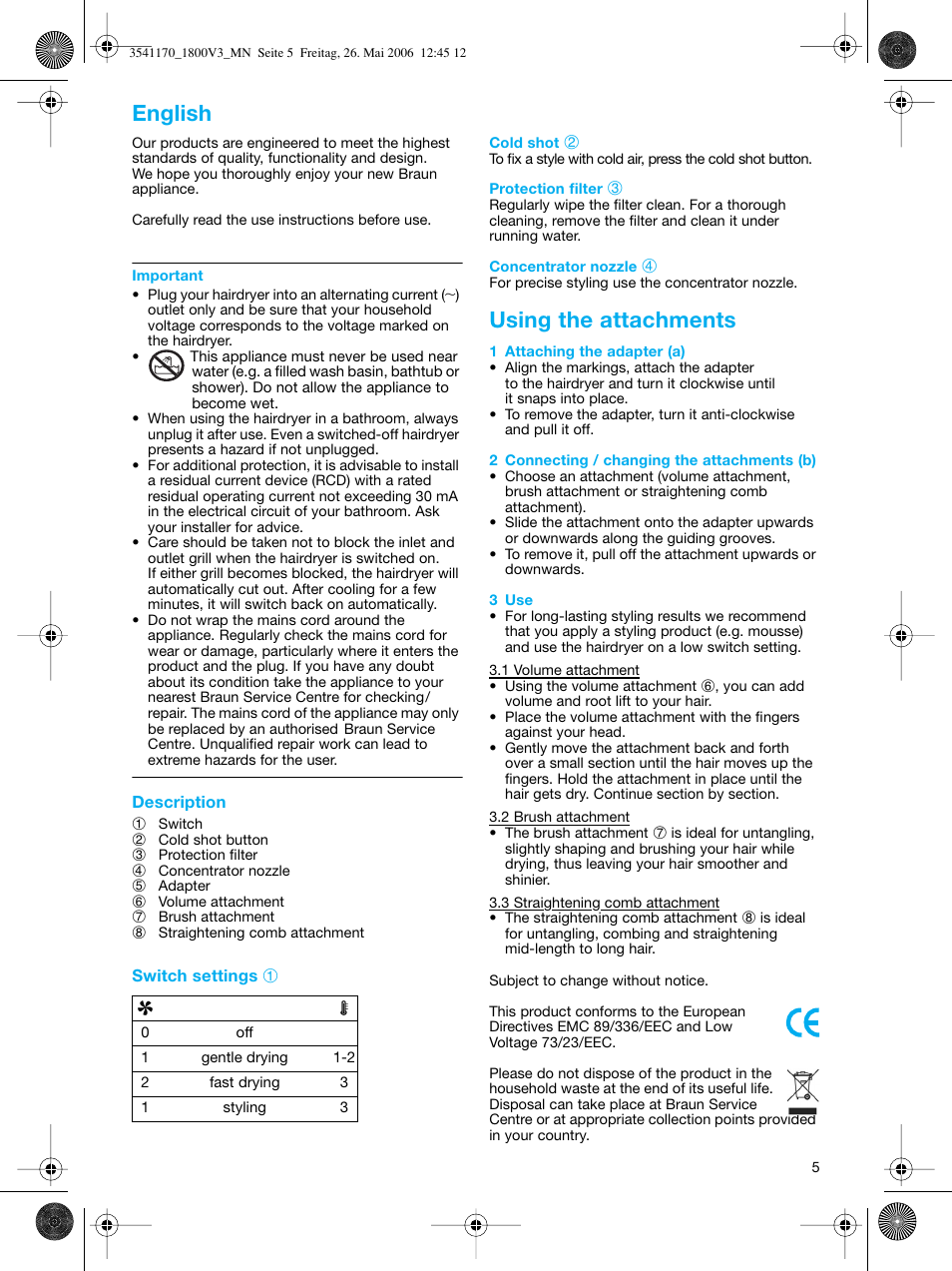 Using the attachments, English | Braun V3 creation2 User Manual | Page 5 / 35