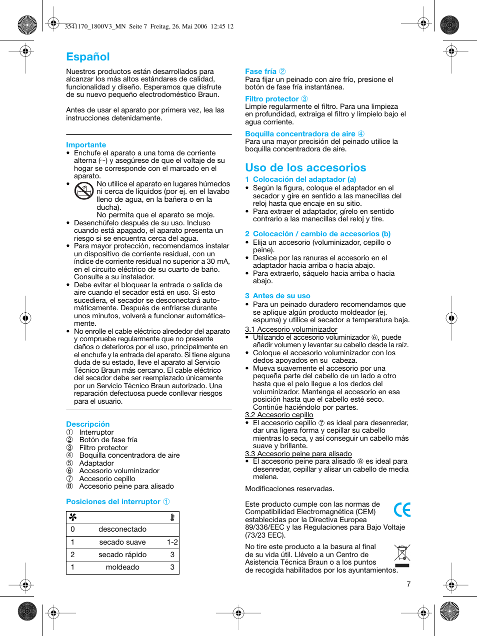 Uso de los accesorios, Español | Braun V3 creation2 User Manual | Page 7 / 35