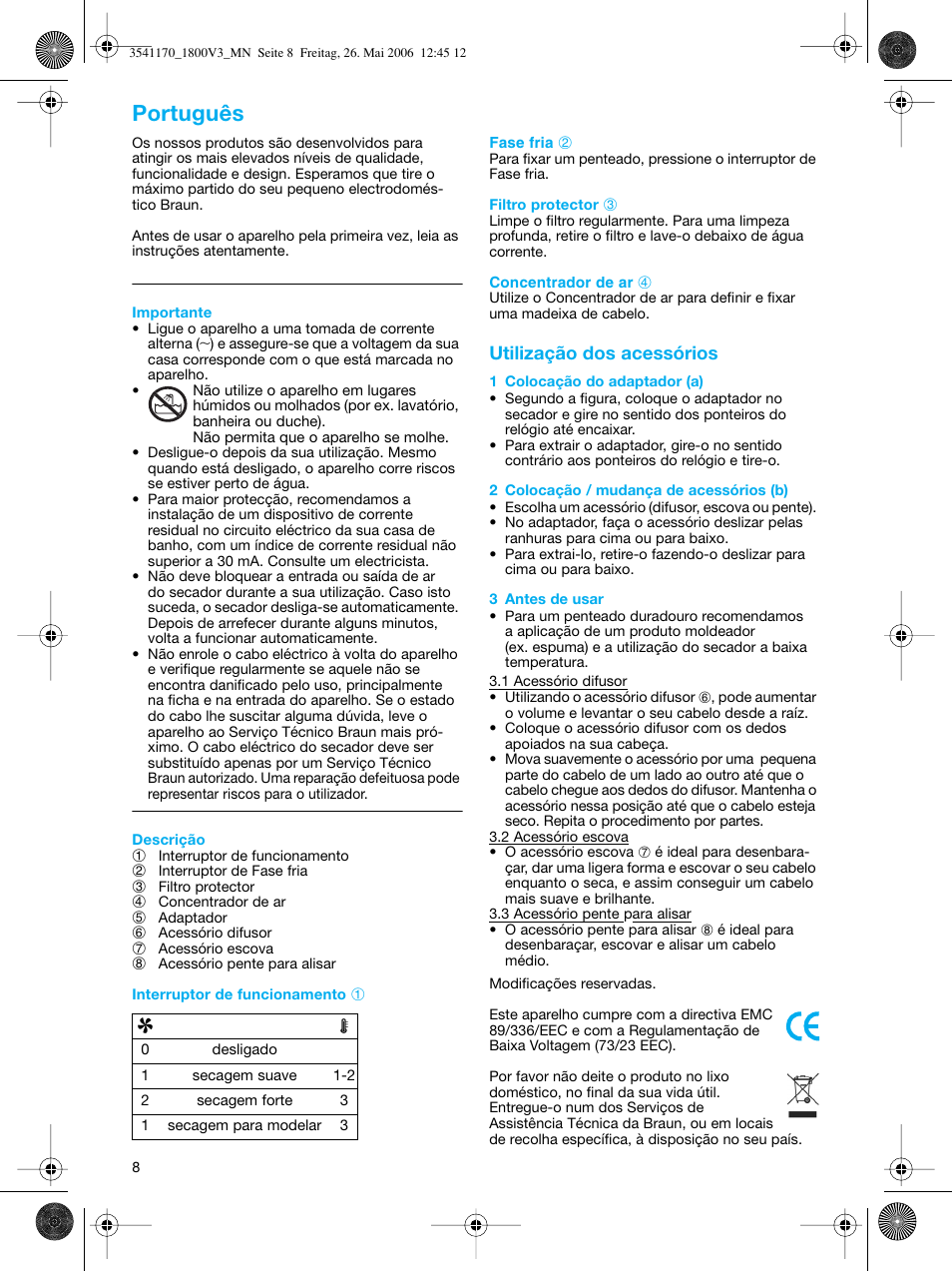 Português, Utilização dos acessórios | Braun V3 creation2 User Manual | Page 8 / 35