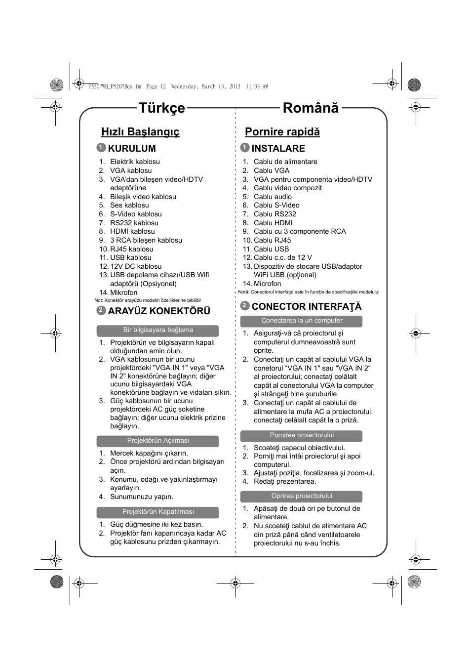 Türkçe română, Hızlı başlangıç, Pornire rapidă | Kurulum, Arayüz konektörü, Instalare, Conector interfaţă | Acer P5307WB User Manual | Page 10 / 17