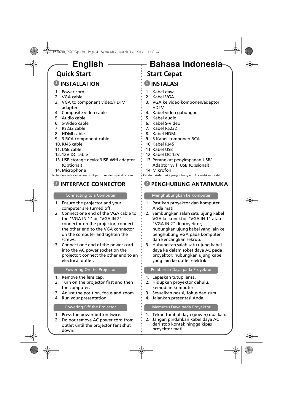 English bahasa indonesia, Quick start, Start cepat | Installation, Interface connector, Instalasi, Penghubung antarmuka | Acer P5307WB User Manual | Page 2 / 17