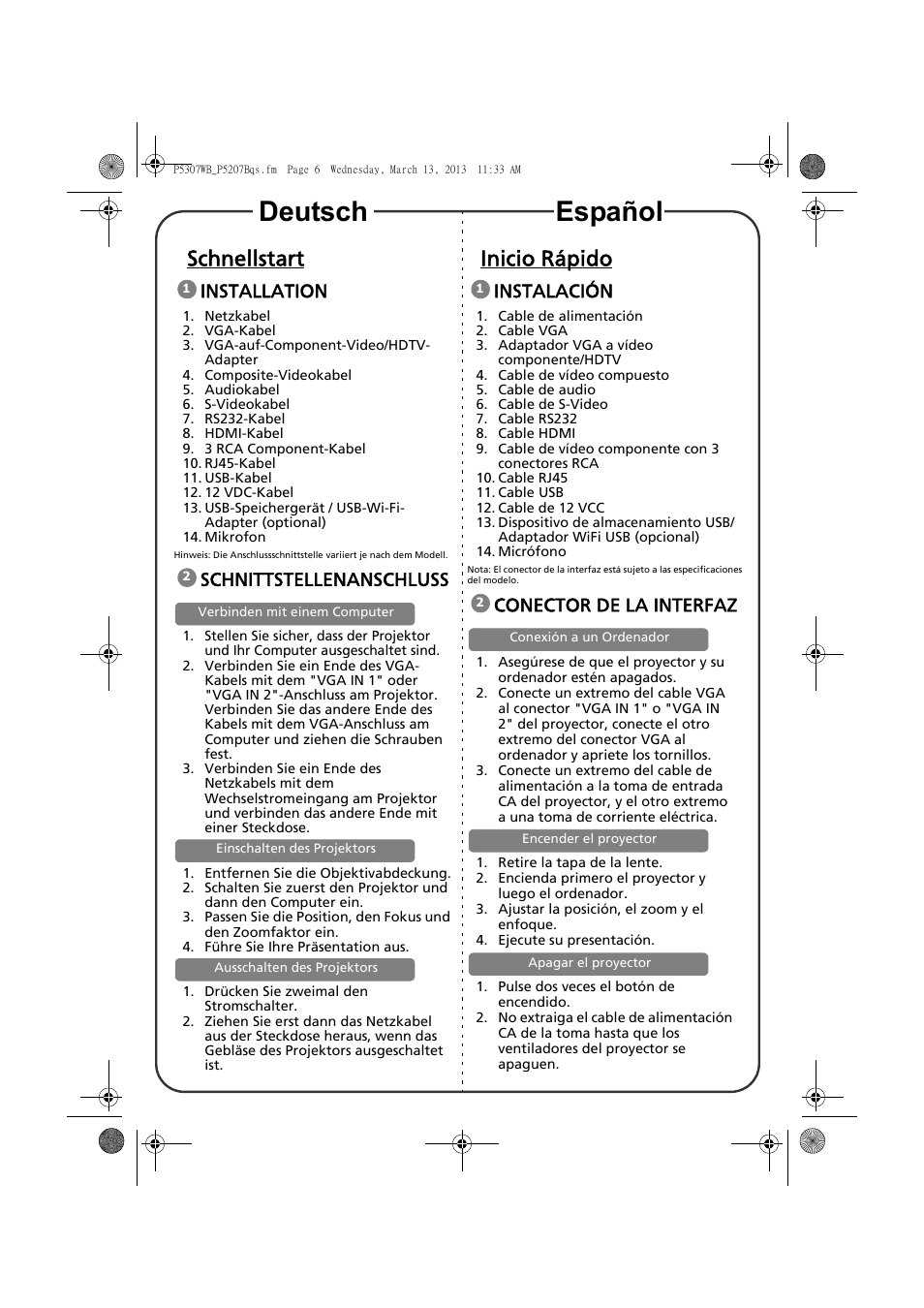 Deutsch español, Schnellstart, Inicio rápido | Installation, Schnittstellenanschluss, Instalación, Conector de la interfaz | Acer P5307WB User Manual | Page 4 / 17