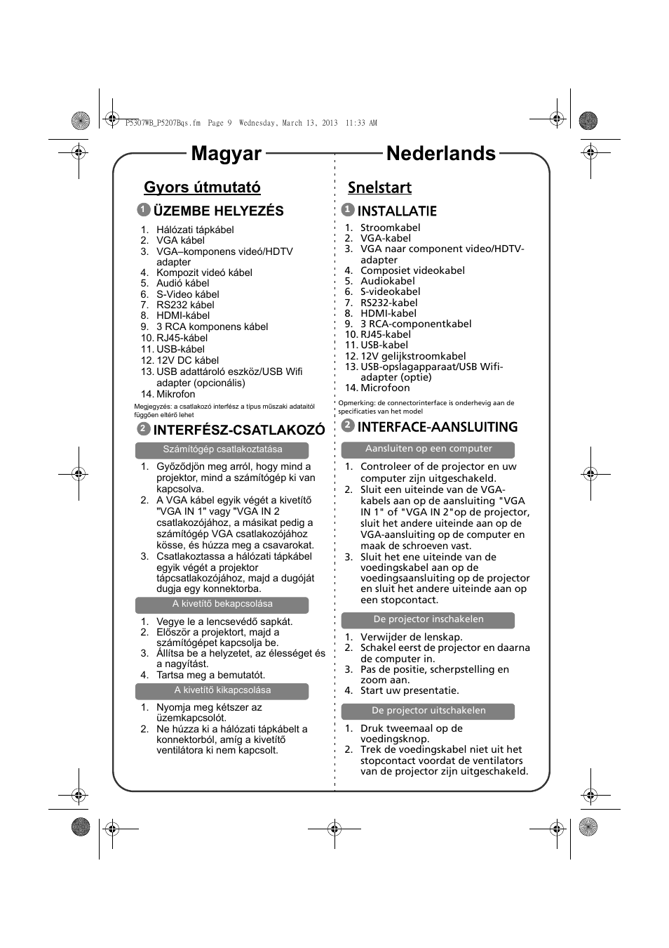 Magyar nederlands, Gyors útmutató, Snelstart | Üzembe helyezés, Interfész-csatlakozó, Installatie, Interface-aansluiting | Acer P5307WB User Manual | Page 7 / 17