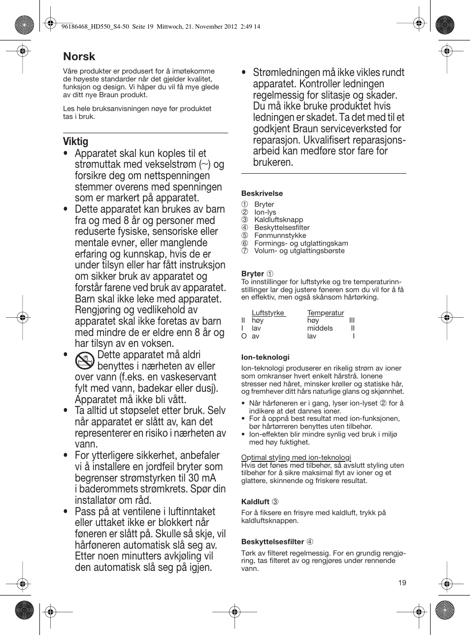 Norsk | Braun HD550 Satin Hair 5 User Manual | Page 19 / 48