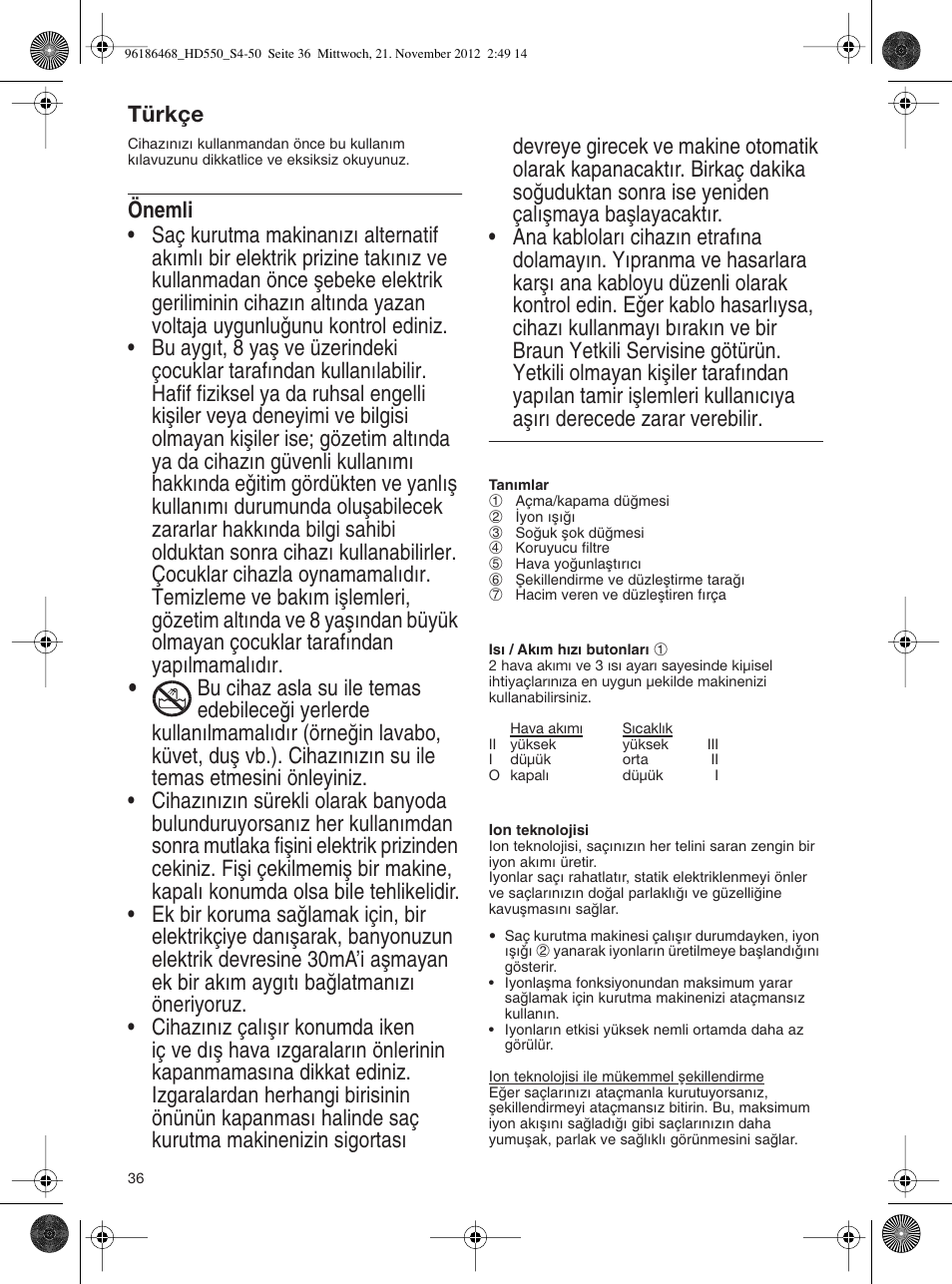 Türkçe | Braun HD550 Satin Hair 5 User Manual | Page 36 / 48