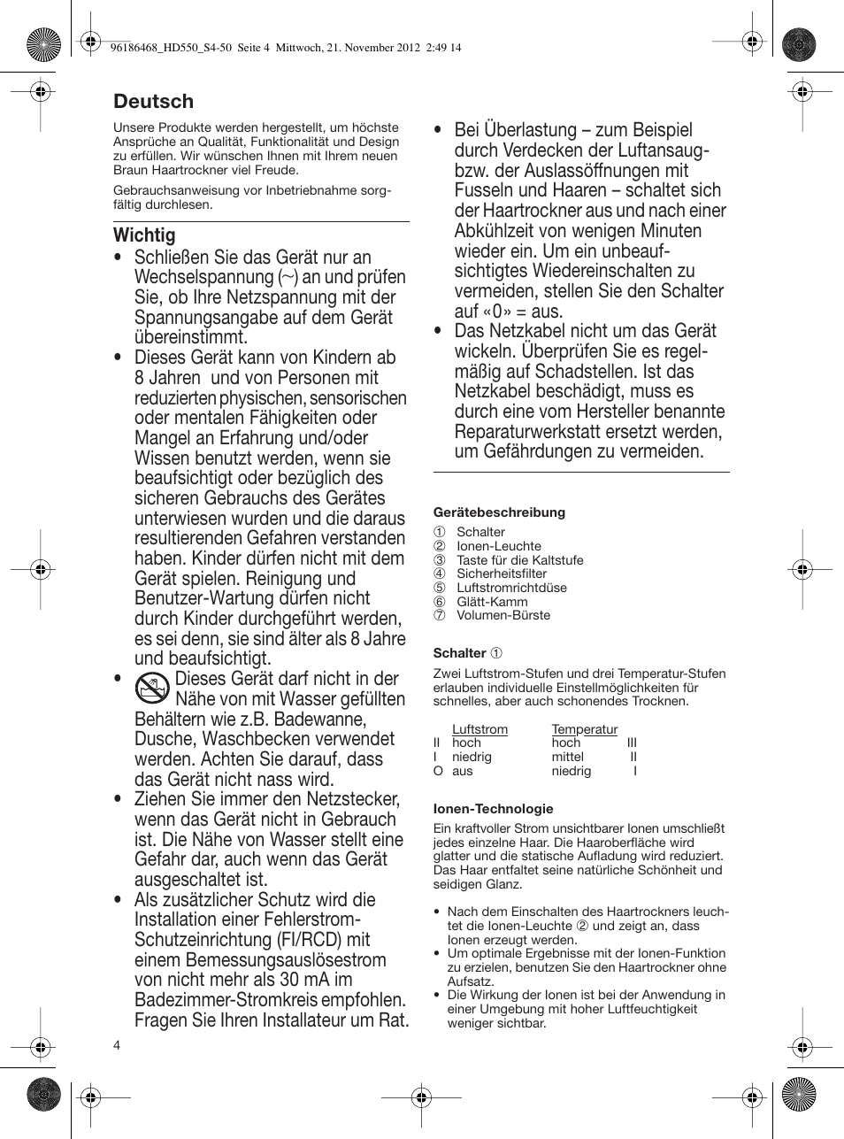 96186468_hd550_s4-50, Deutsch, Wichtig | Schließen sie das gerät nur an wechselspannung, Um gefährdungen zu vermeiden | Braun HD550 Satin Hair 5 User Manual | Page 4 / 48