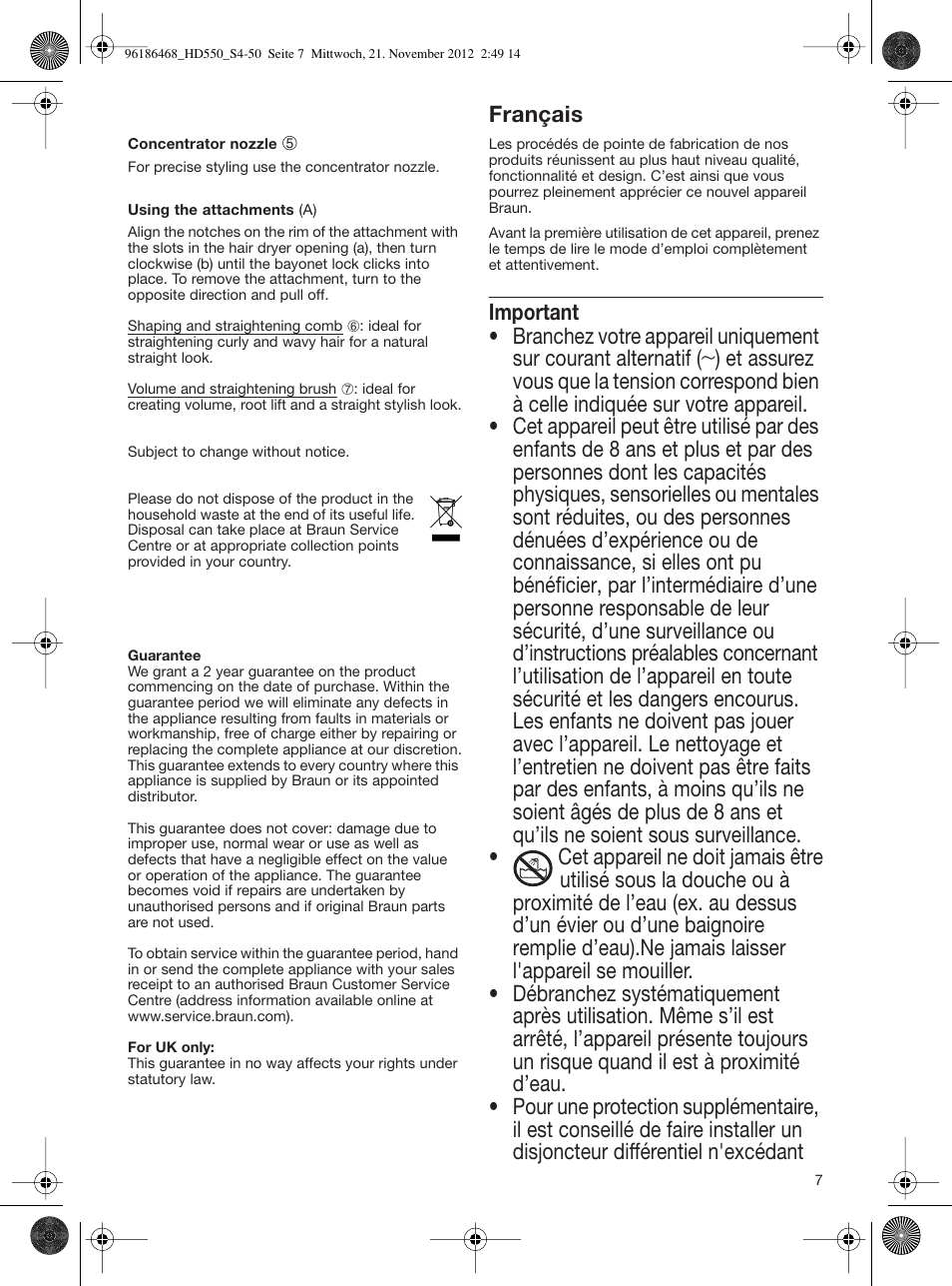 Important | Braun HD550 Satin Hair 5 User Manual | Page 7 / 48