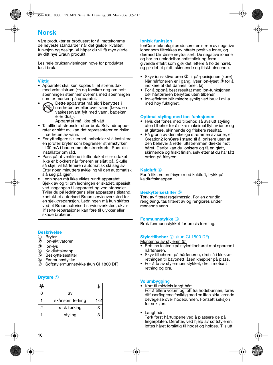 Norsk | Braun CI1800 creation2 IonCare User Manual | Page 16 / 40