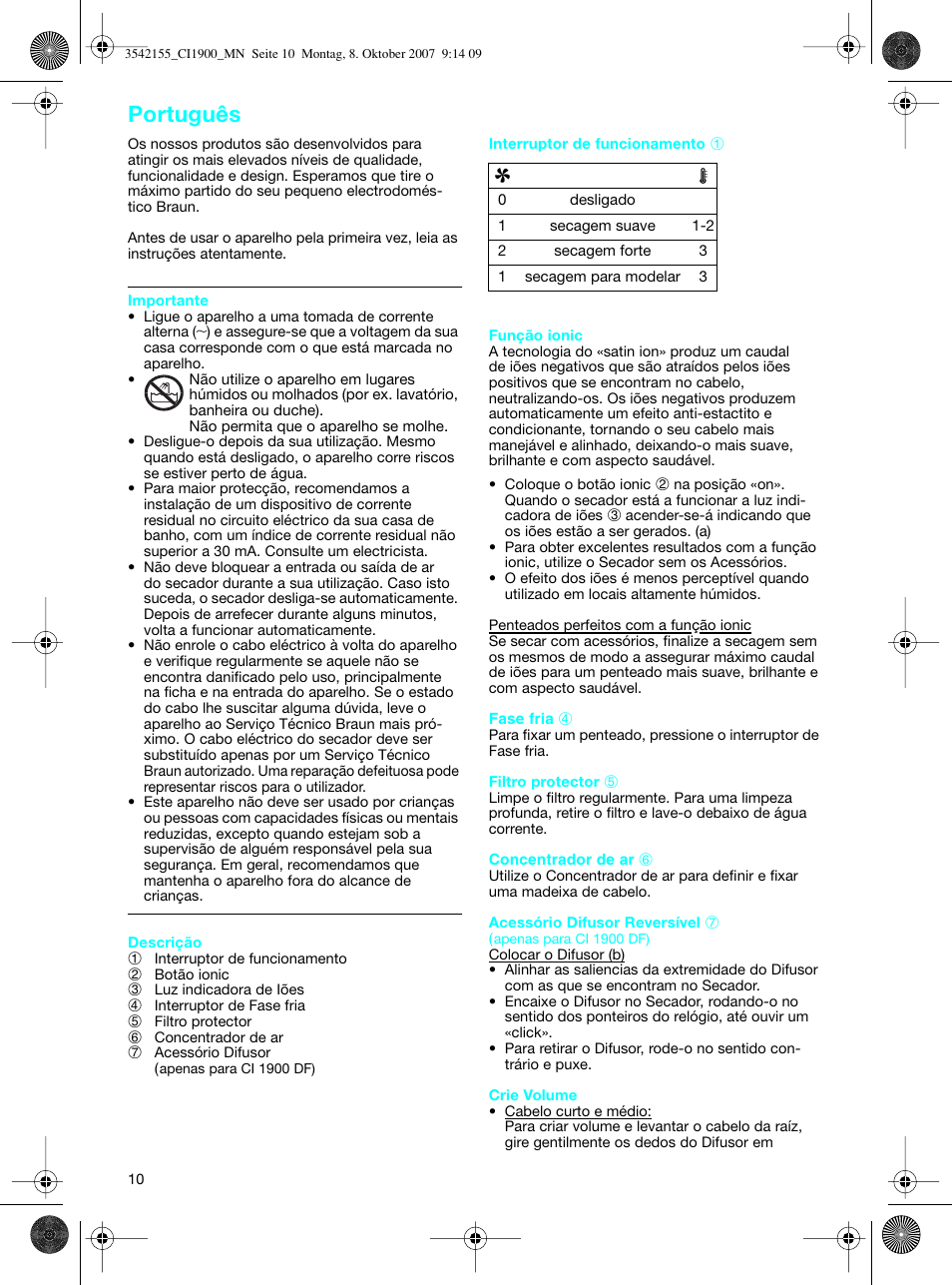 Português | Braun CI1900 creation satin ions User Manual | Page 10 / 40