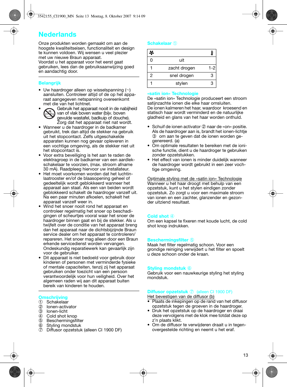 Nederlands | Braun CI1900 creation satin ions User Manual | Page 13 / 40