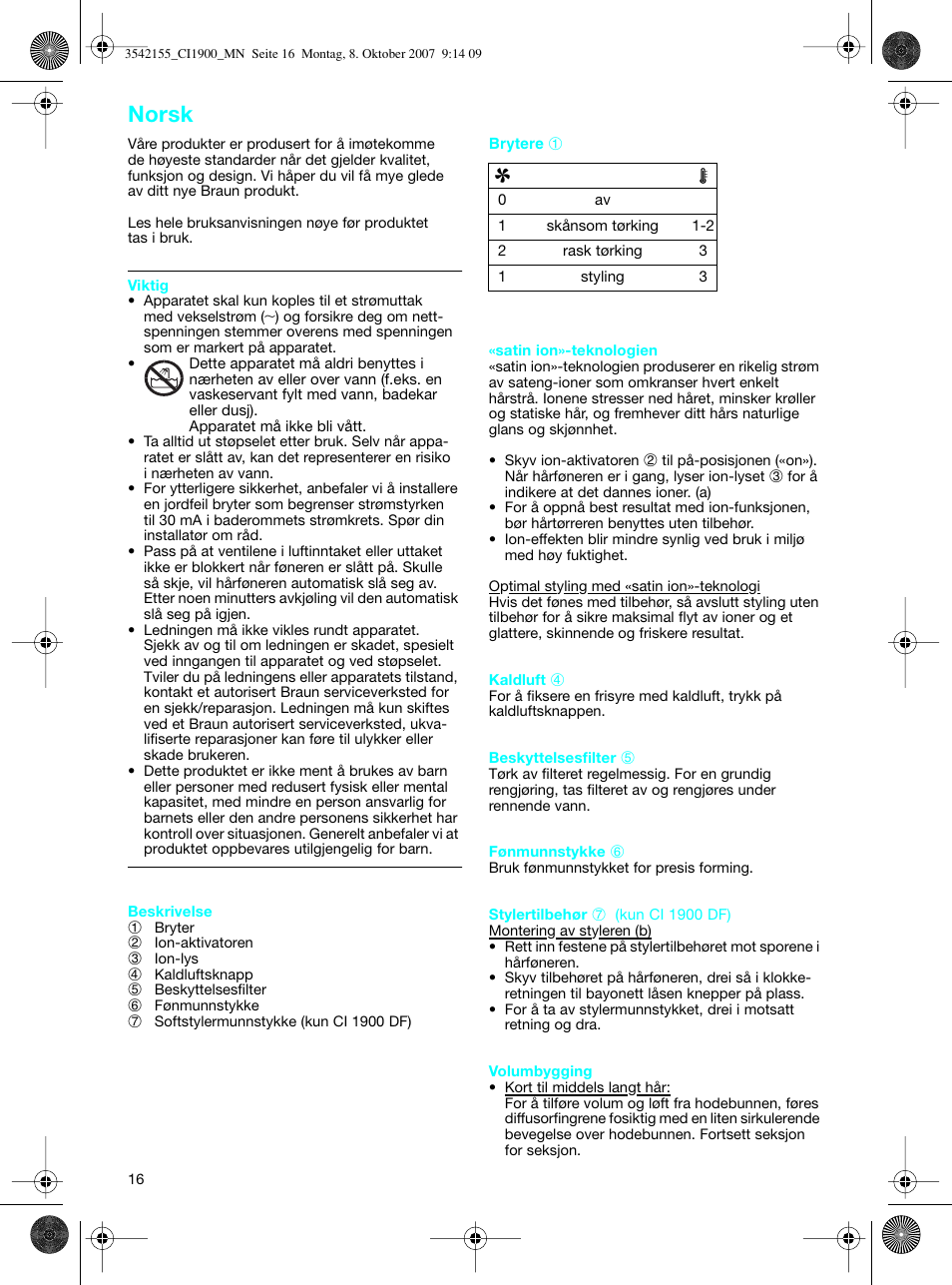 Norsk | Braun CI1900 creation satin ions User Manual | Page 16 / 40