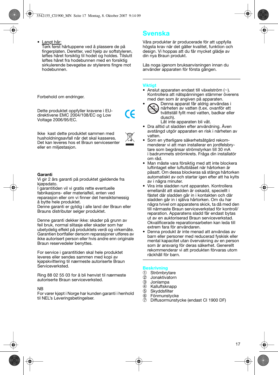 Svenska | Braun CI1900 creation satin ions User Manual | Page 17 / 40