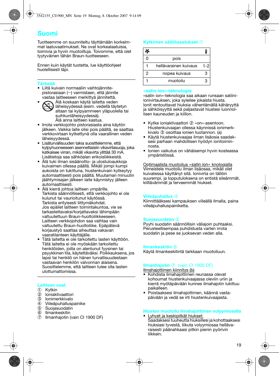 Suomi | Braun CI1900 creation satin ions User Manual | Page 19 / 40