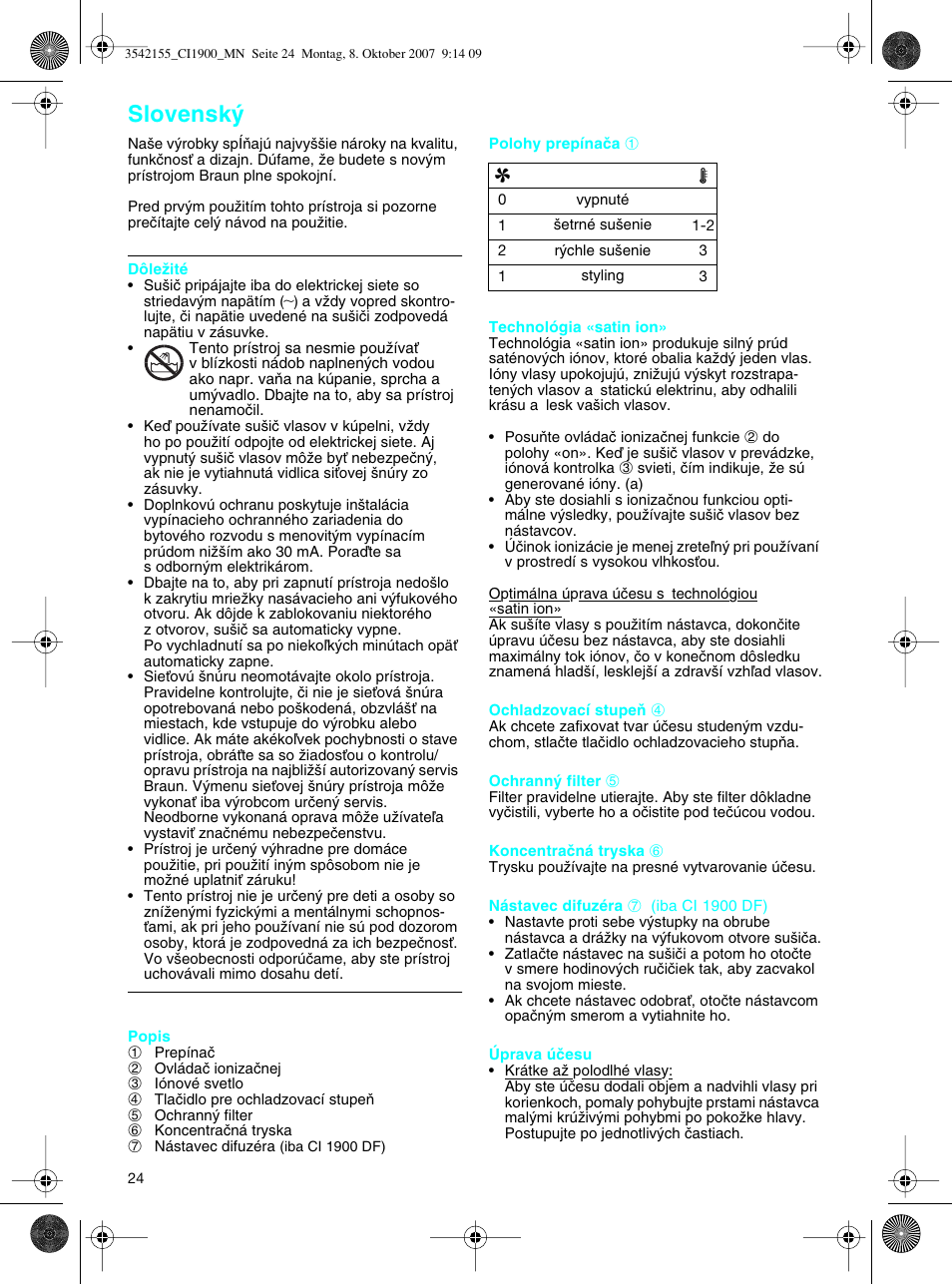 Slovensk | Braun CI1900 creation satin ions User Manual | Page 24 / 40