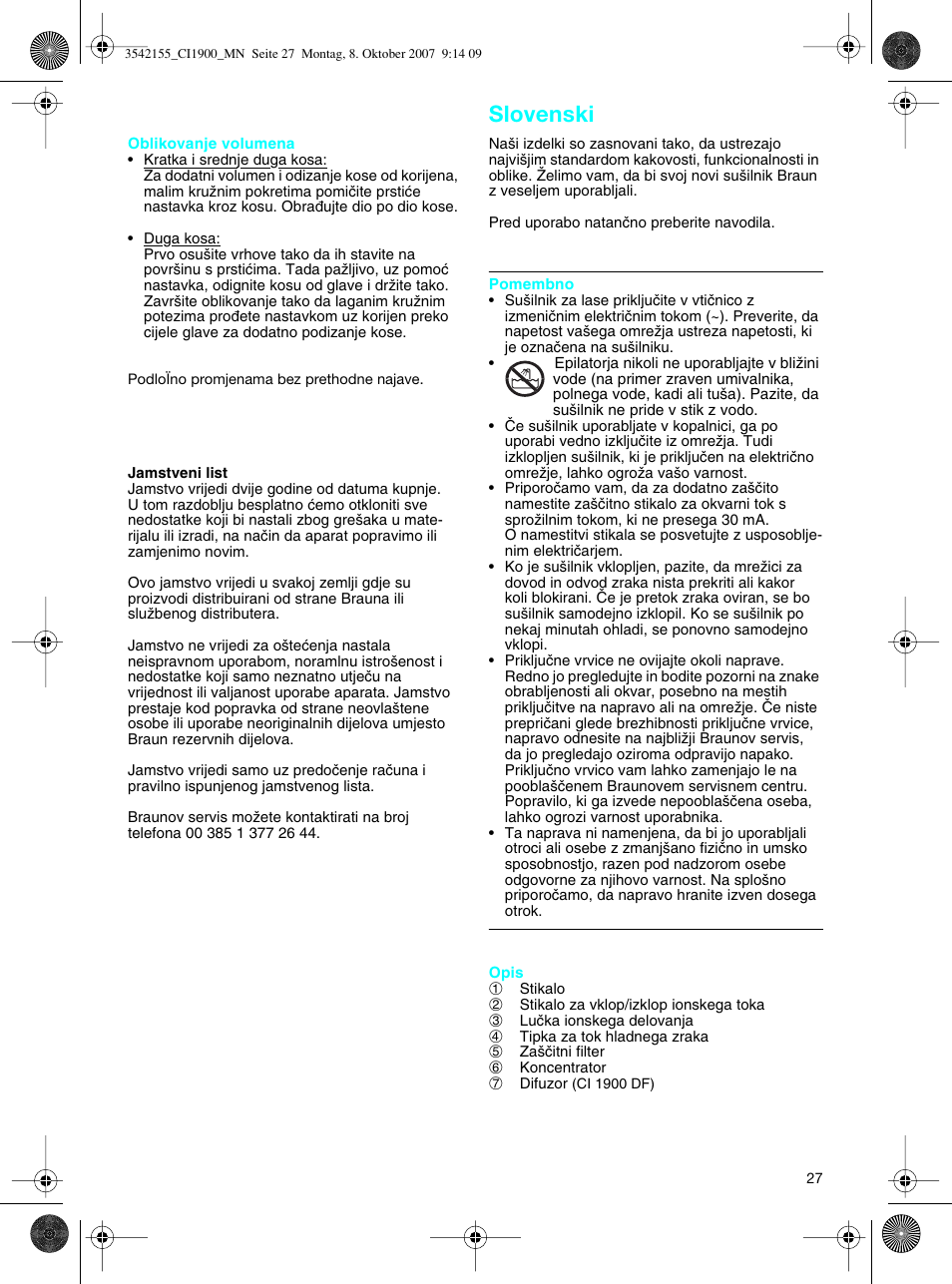 Slovenski | Braun CI1900 creation satin ions User Manual | Page 27 / 40