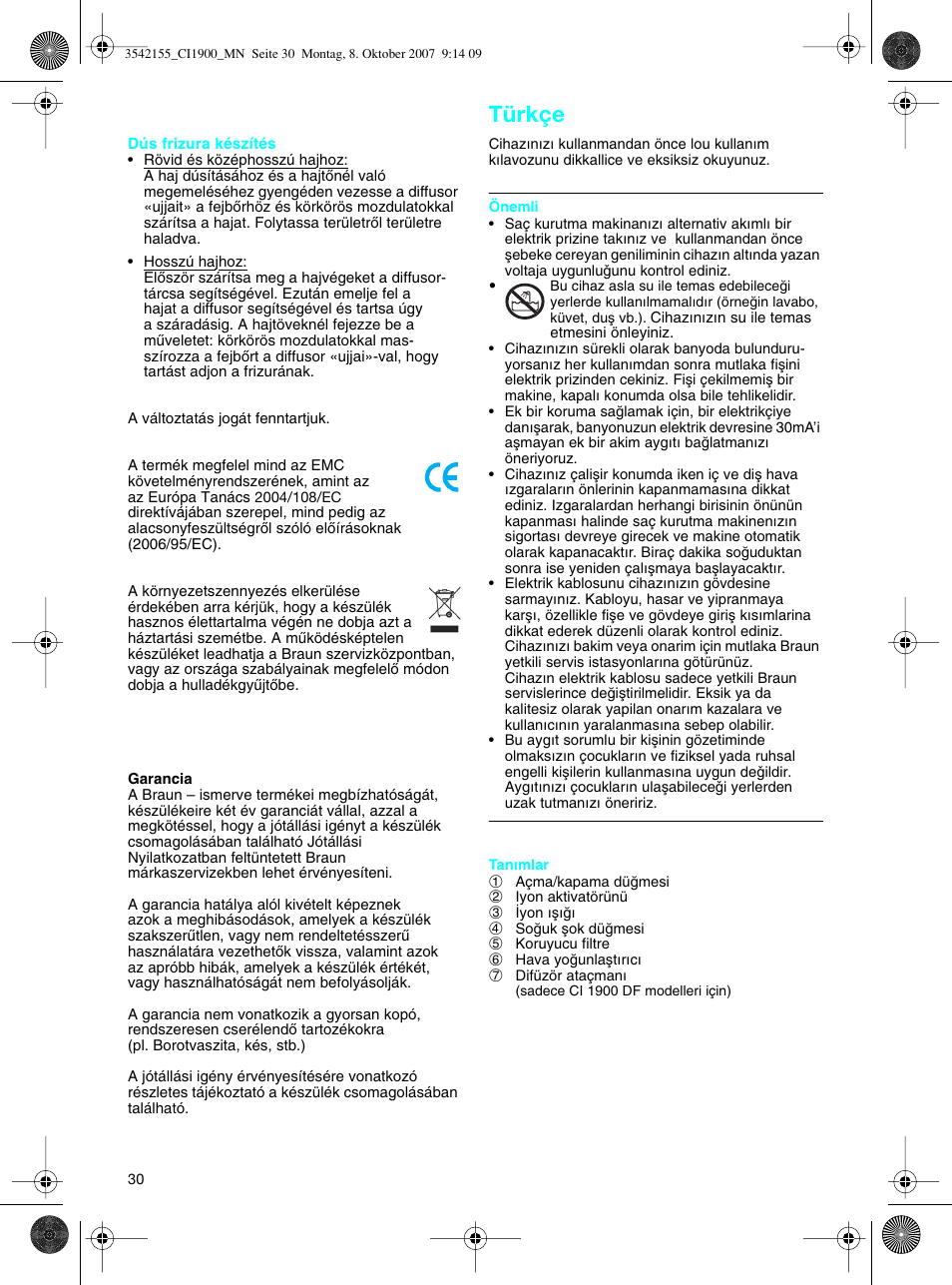 Türkçe | Braun CI1900 creation satin ions User Manual | Page 30 / 40