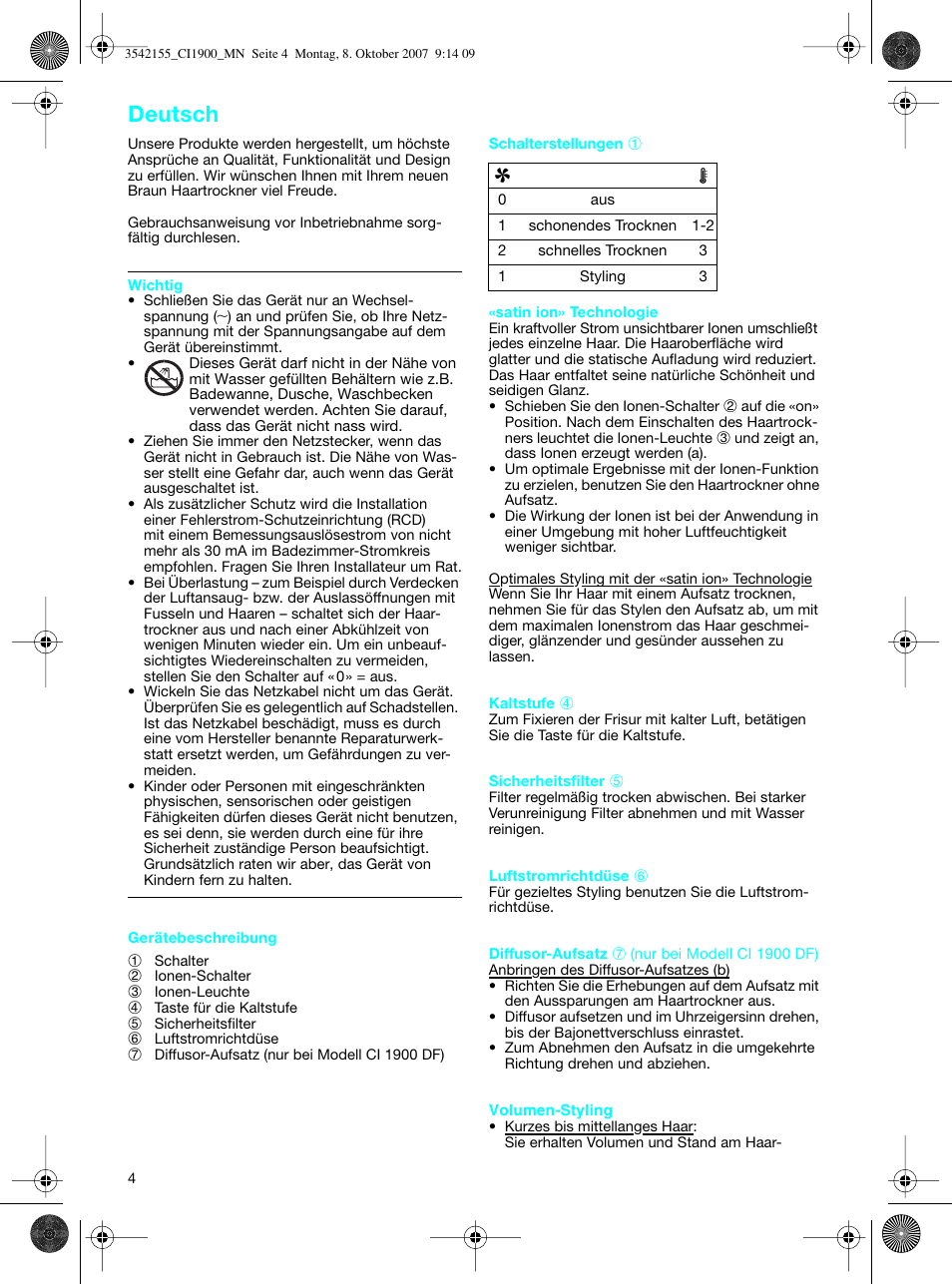 Deutsch | Braun CI1900 creation satin ions User Manual | Page 4 / 40