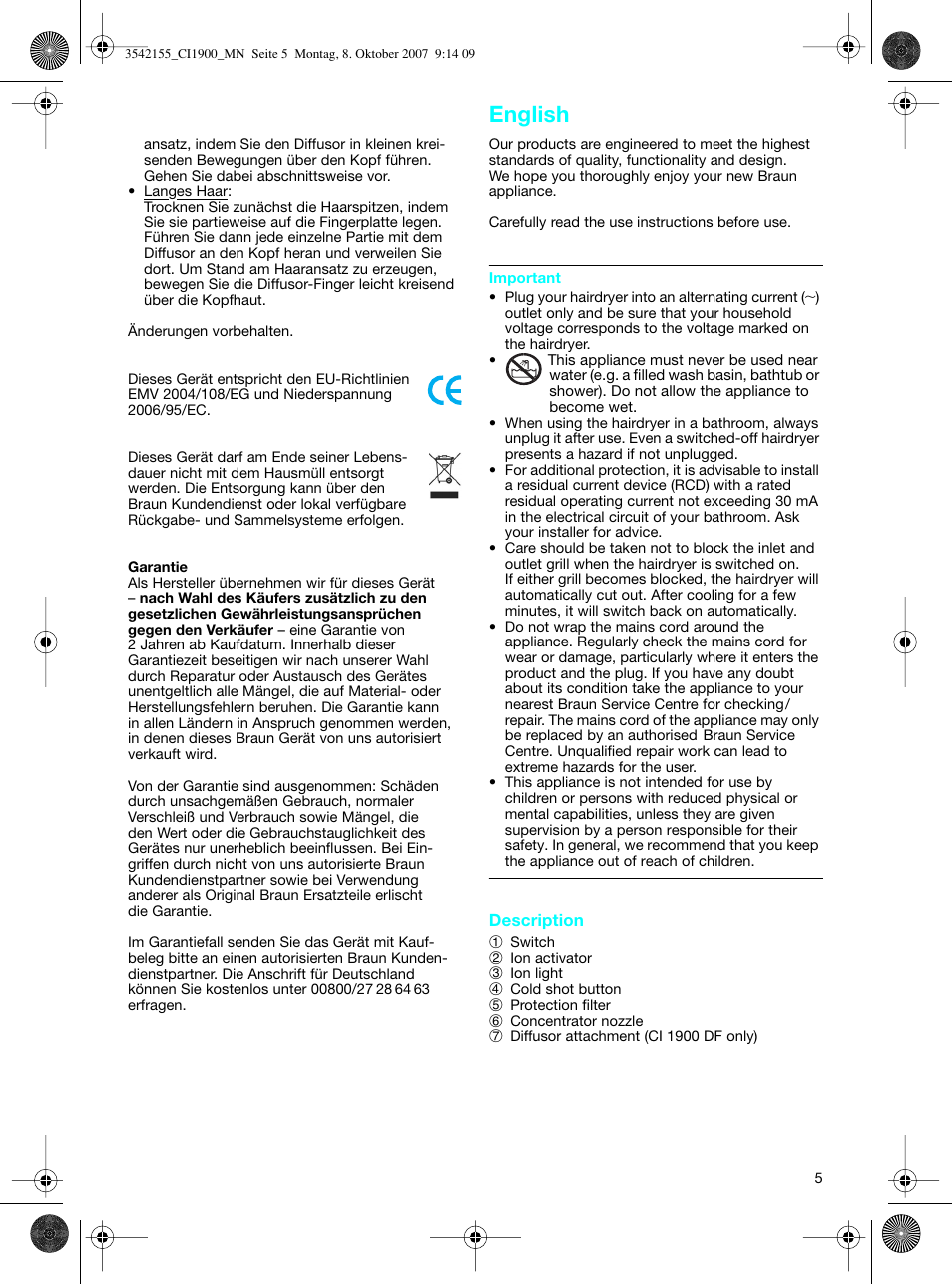 English | Braun CI1900 creation satin ions User Manual | Page 5 / 40